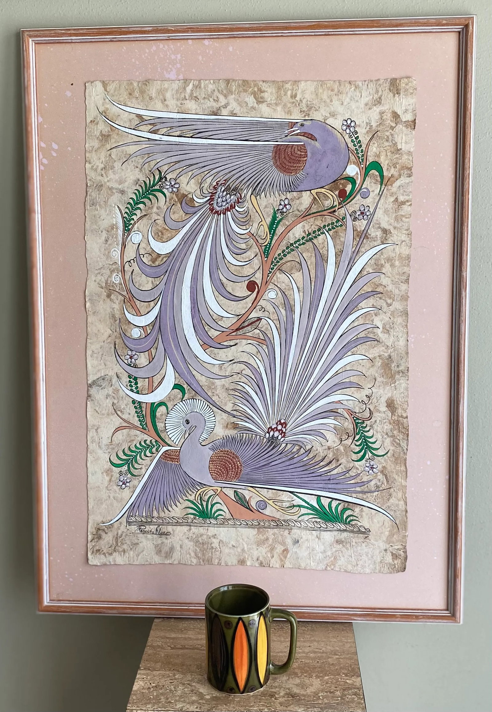 Rodolfo Flores Mexican Artist Original Aztec Painting on Bark Paper, Signed, Framed - 2