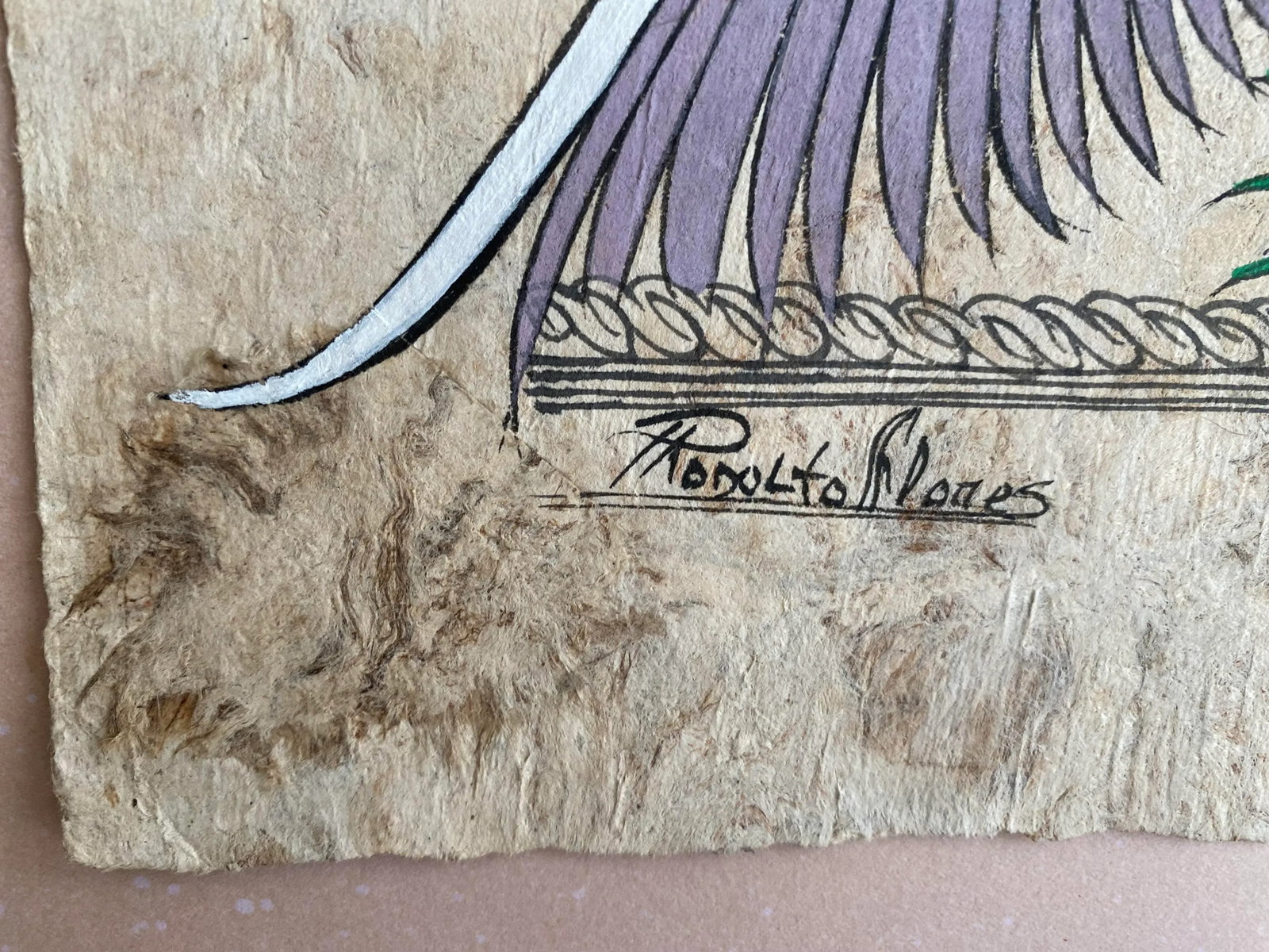 Rodolfo Flores Mexican Artist Original Aztec Painting on Bark Paper, Signed, Framed - 3