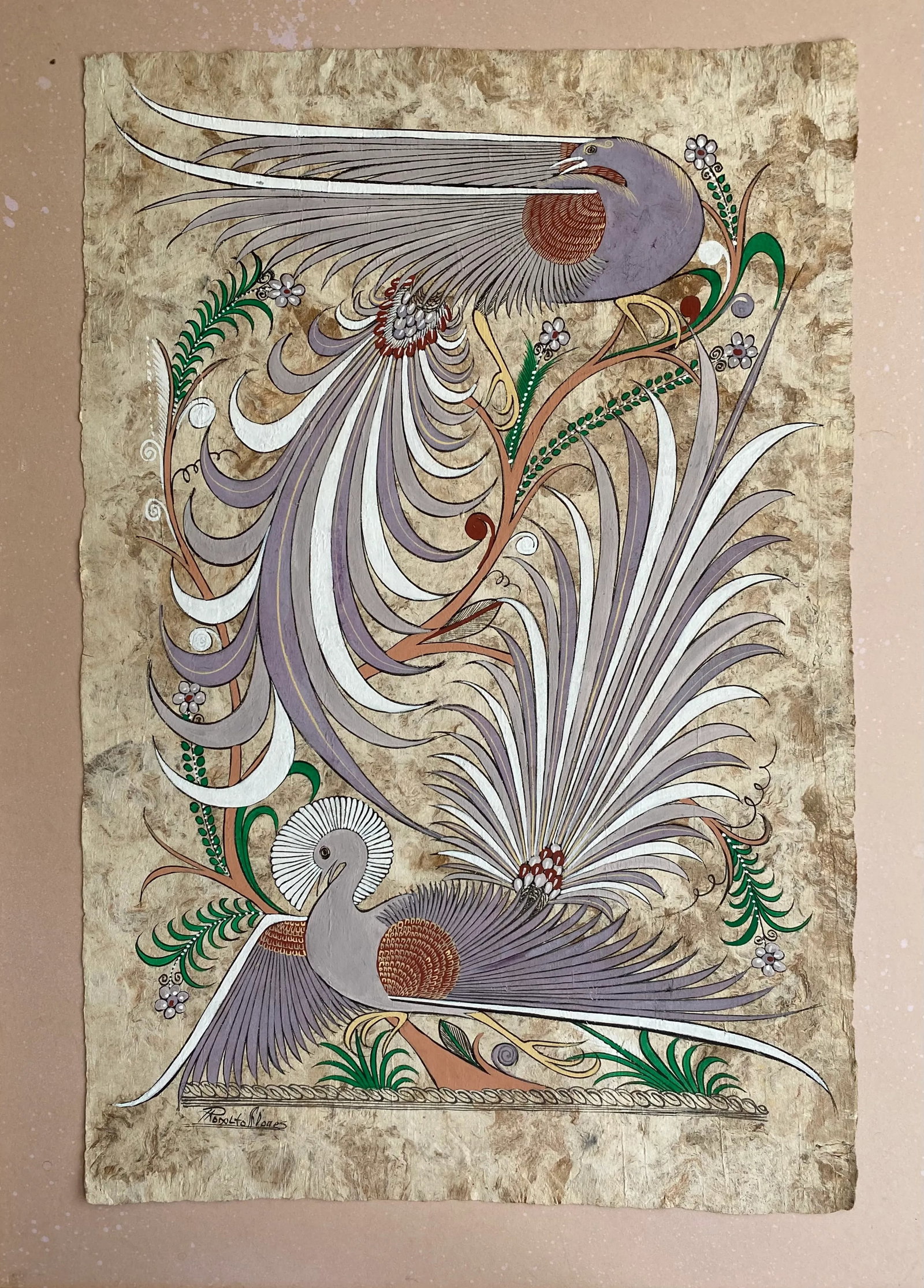 Rodolfo Flores Mexican Artist Original Aztec Painting on Bark Paper, Signed, Framed - 6
