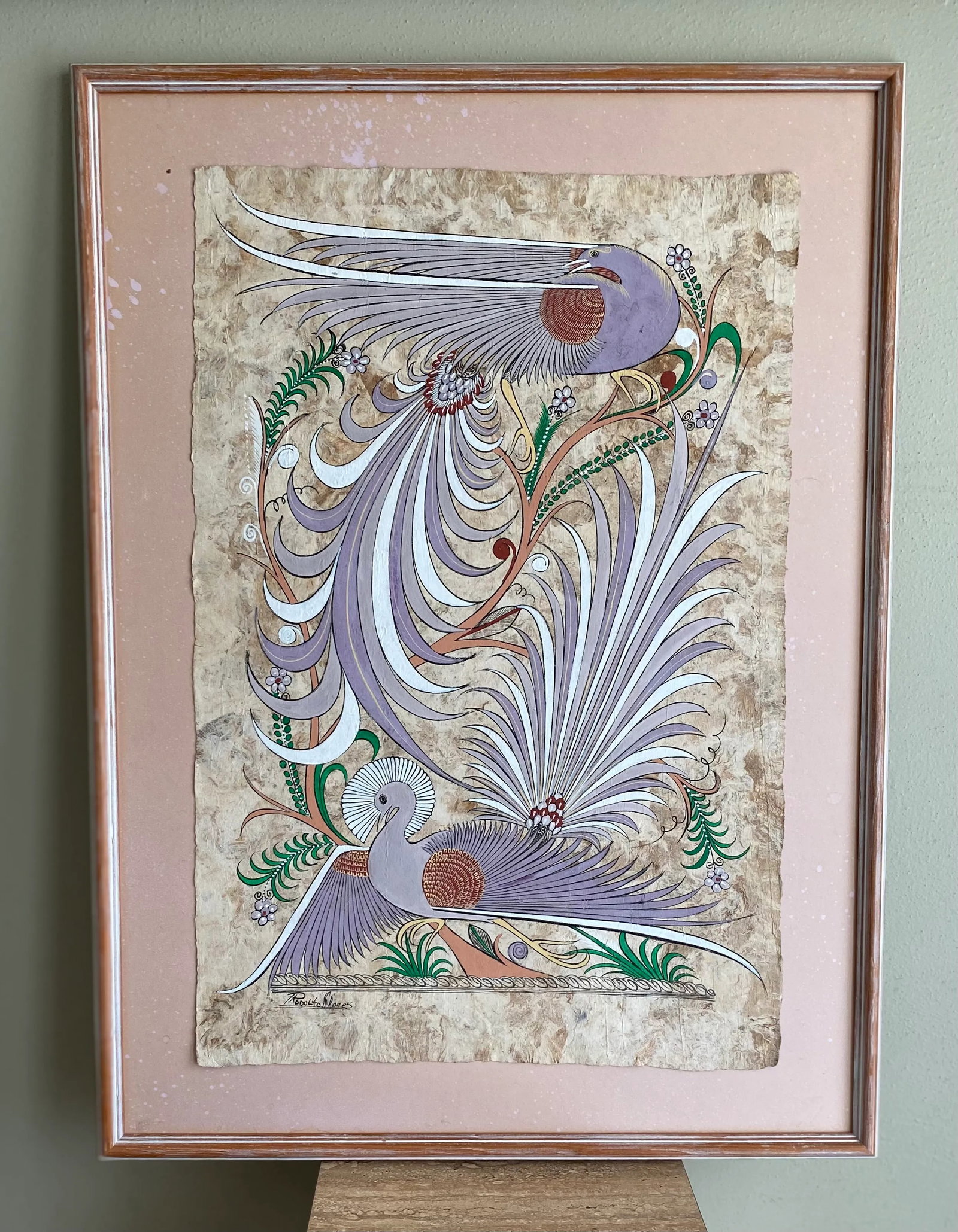 Rodolfo Flores Mexican Artist Original Aztec Painting on Bark Paper, Signed, Framed - 8