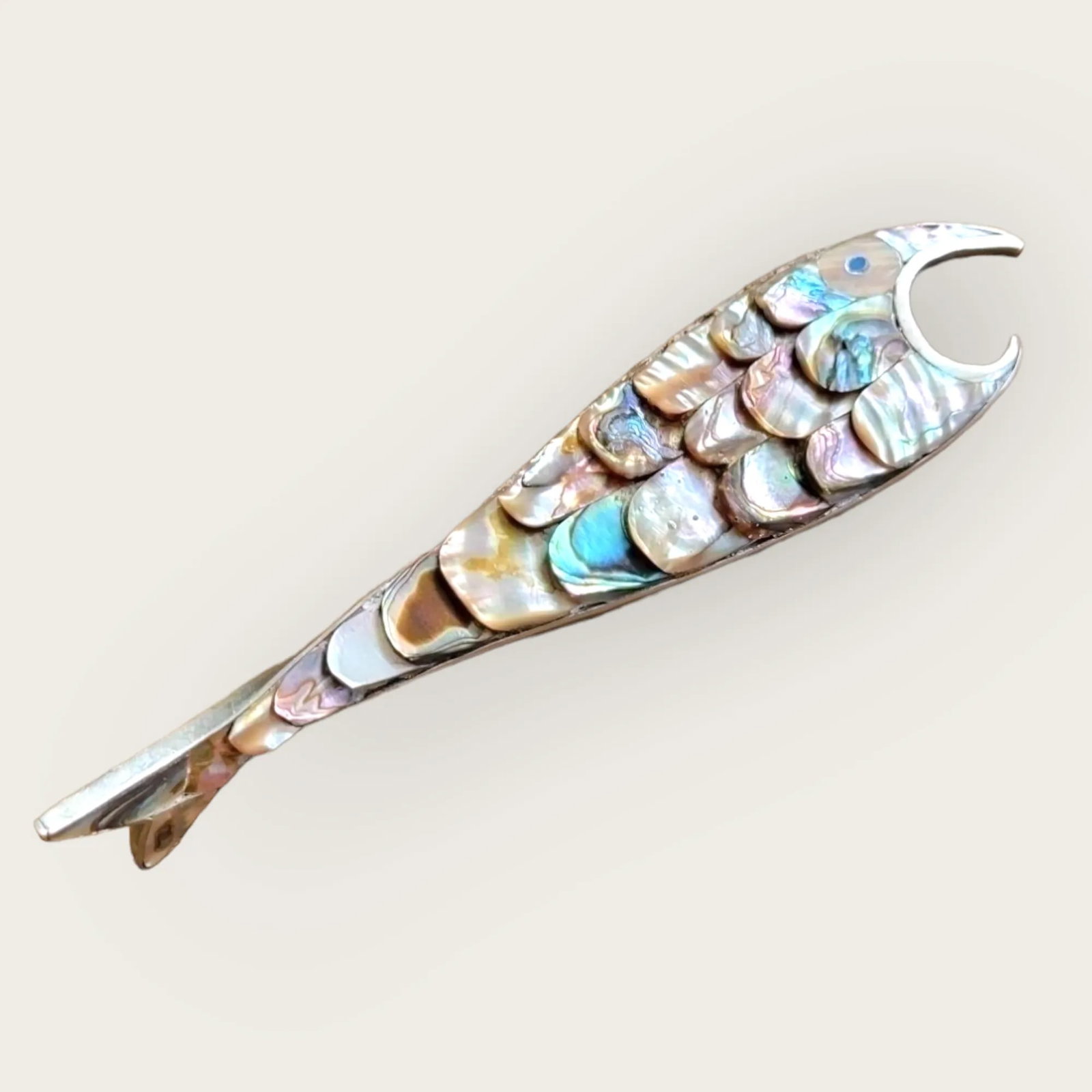 Vintage 1970s Los Castillos Silver Style Abalone Fish Bottle Opener - Sculptural Silver & Iridescent - 2