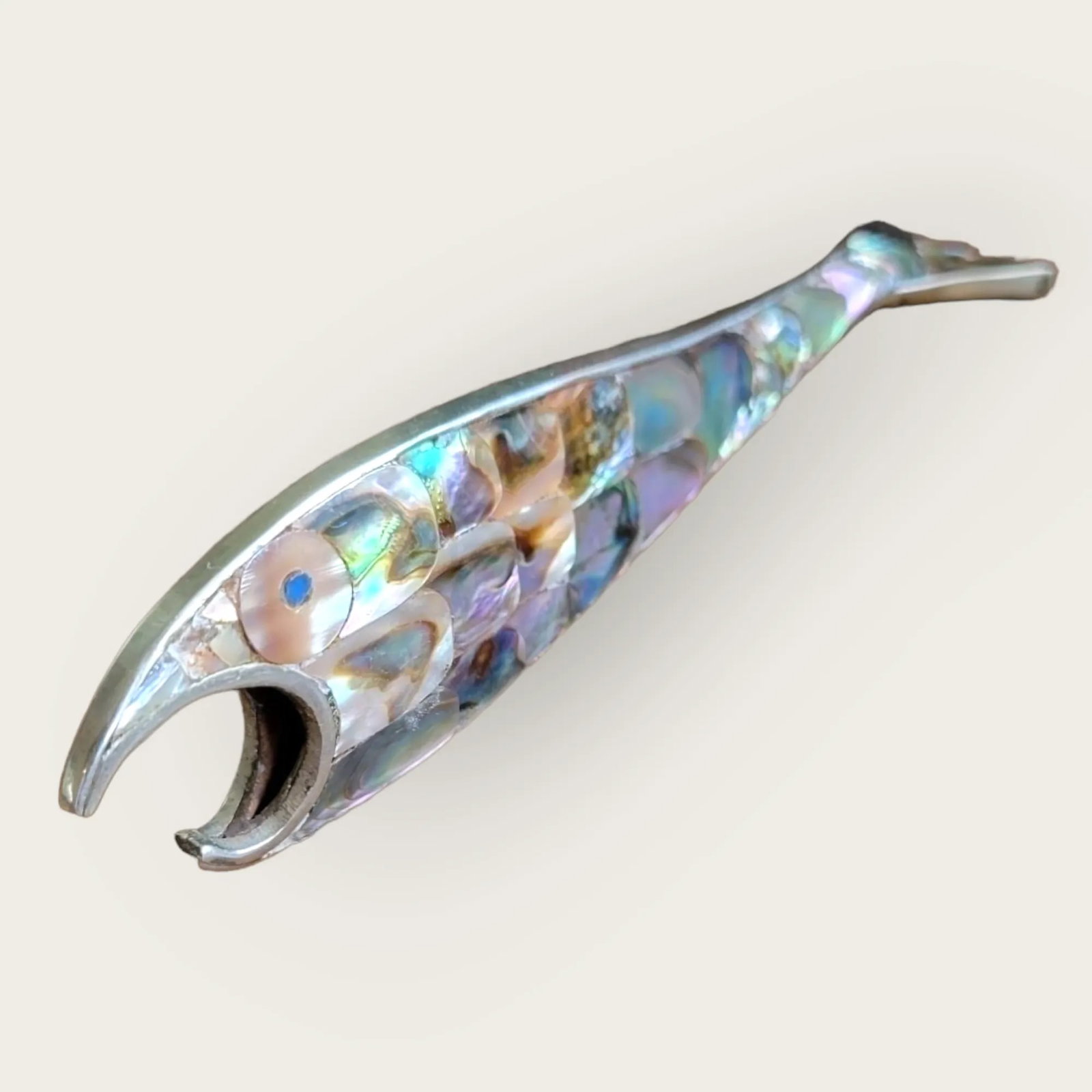 Vintage 1970s Los Castillos Silver Style Abalone Fish Bottle Opener - Sculptural Silver & Iridescent - 3