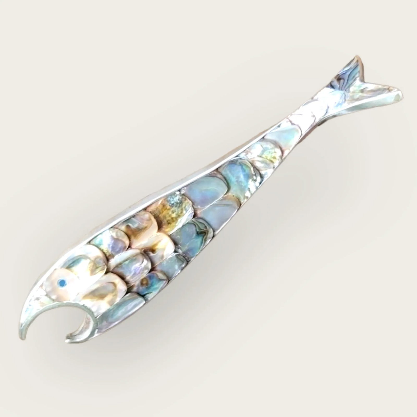 Vintage 1970s Los Castillos Silver Style Abalone Fish Bottle Opener - Sculptural Silver & Iridescent - 4