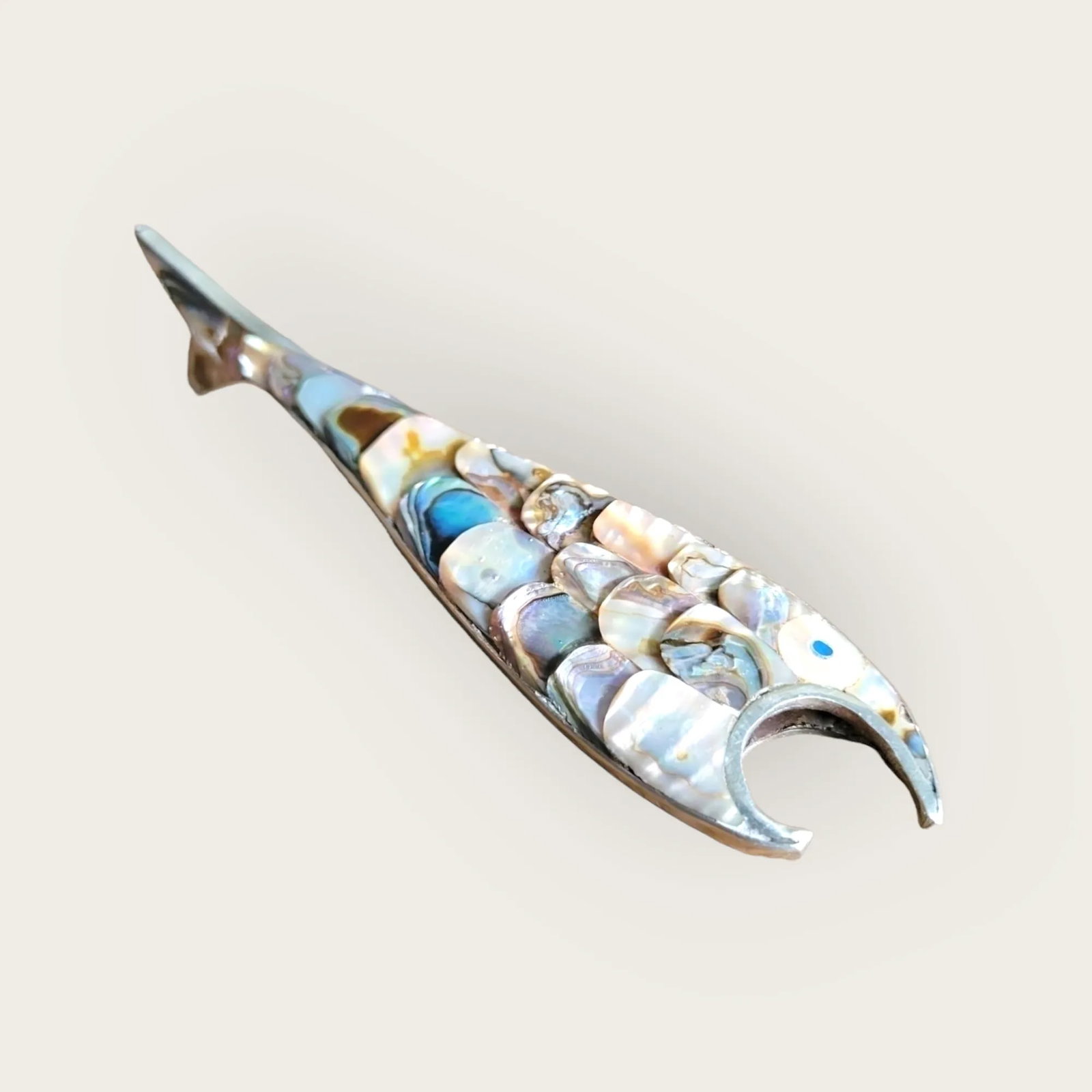 Vintage 1970s Los Castillos Silver Style Abalone Fish Bottle Opener - Sculptural Silver & Iridescent - 5