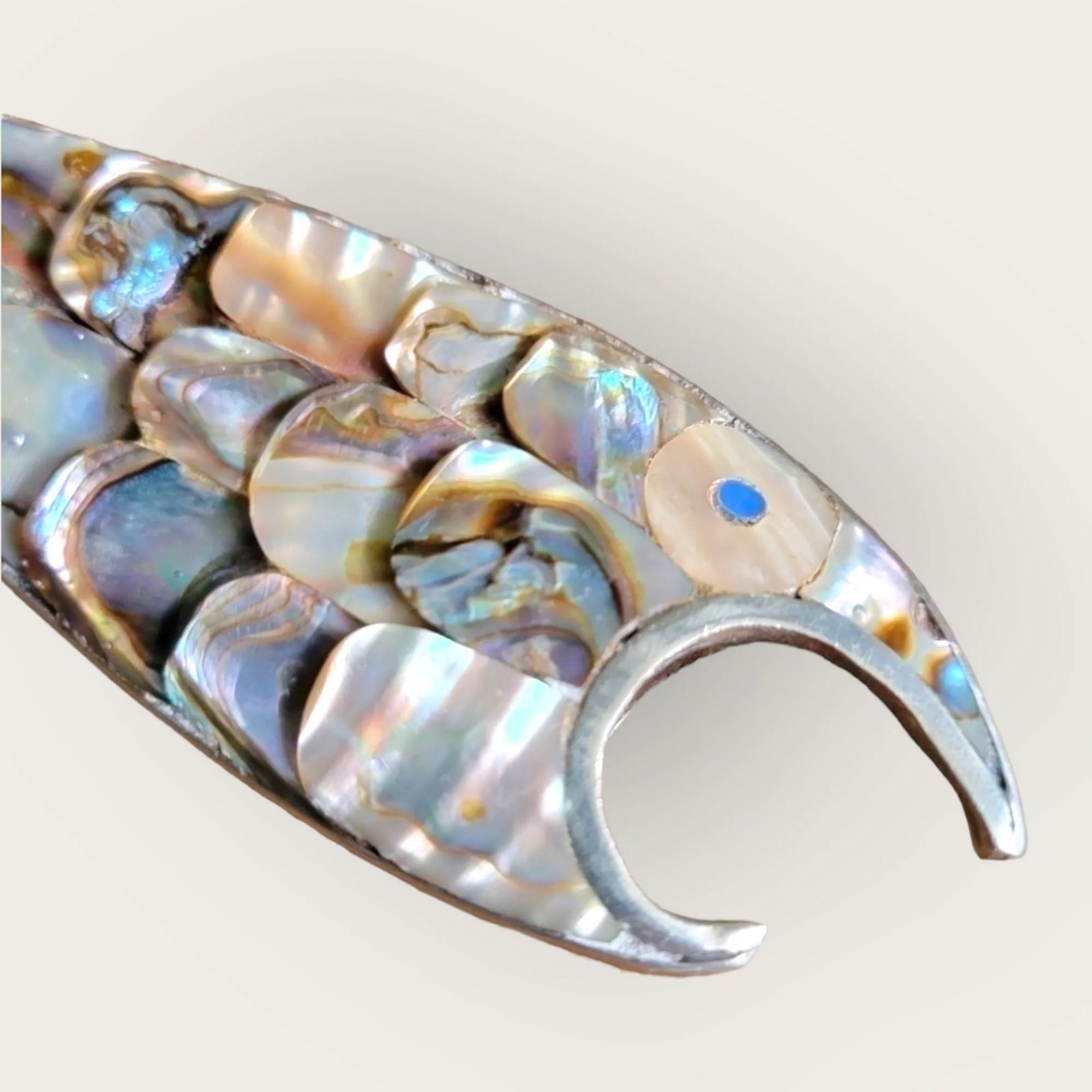 Vintage 1970s Los Castillos Silver Style Abalone Fish Bottle Opener - Sculptural Silver & Iridescent - 6