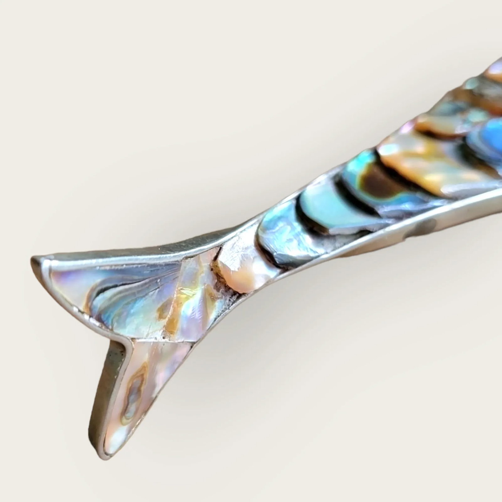 Vintage 1970s Los Castillos Silver Style Abalone Fish Bottle Opener - Sculptural Silver & Iridescent - 7