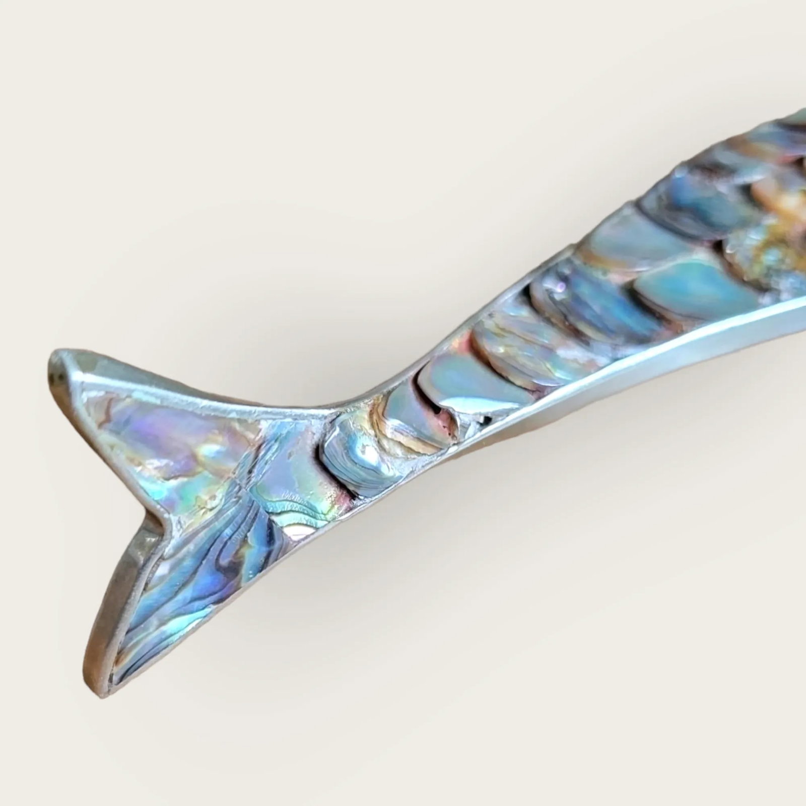 Vintage 1970s Los Castillos Silver Style Abalone Fish Bottle Opener - Sculptural Silver & Iridescent - 9