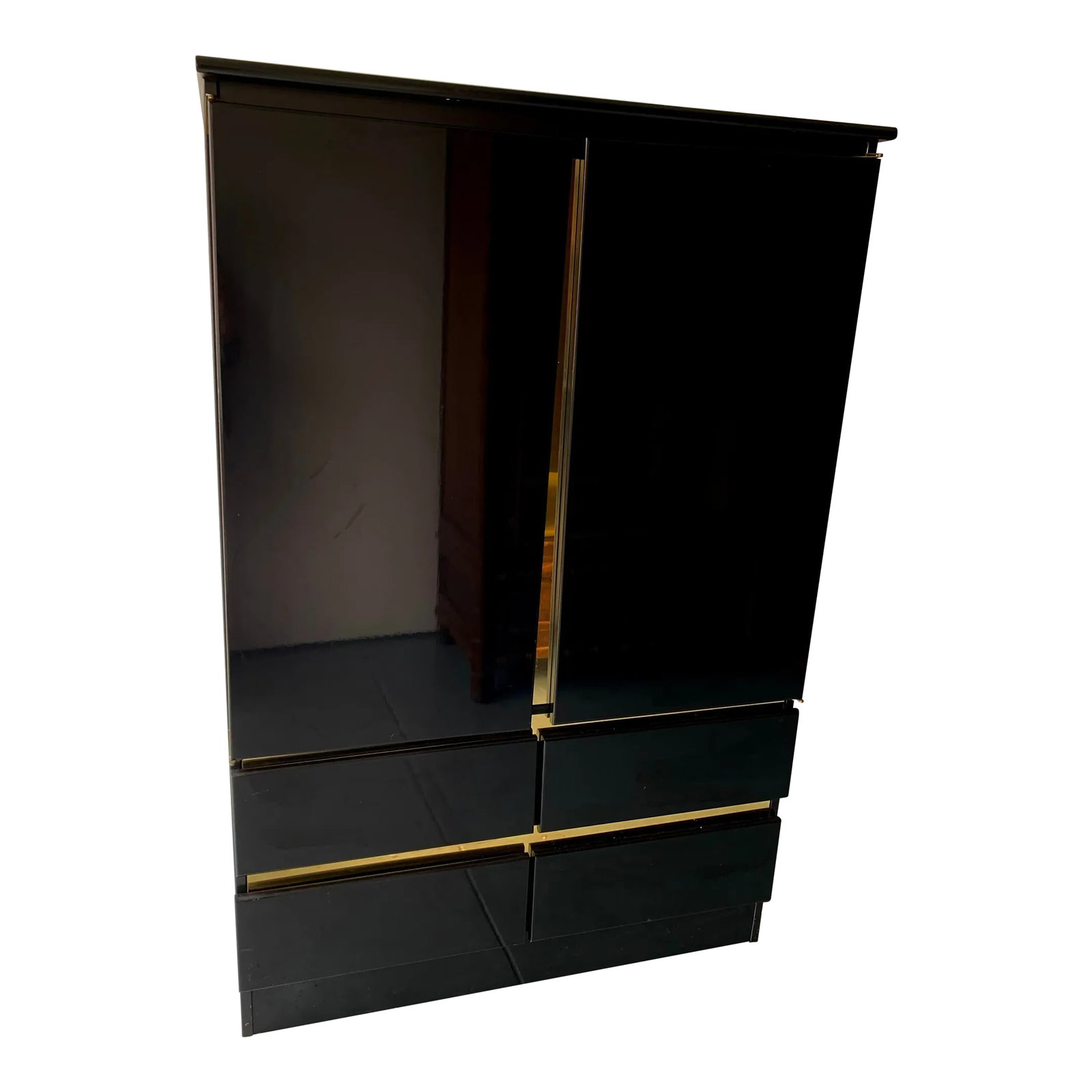 1980s Postmodern Black Lacquer Armoire Cabinet: Vintage postmodern black lacquer cabinet with gold trim. This piece can be used as an armoire for clothing/ linen/ shoe storage or used as a TV/ entertainment cabinet. Circa 1980s and back in style! 6