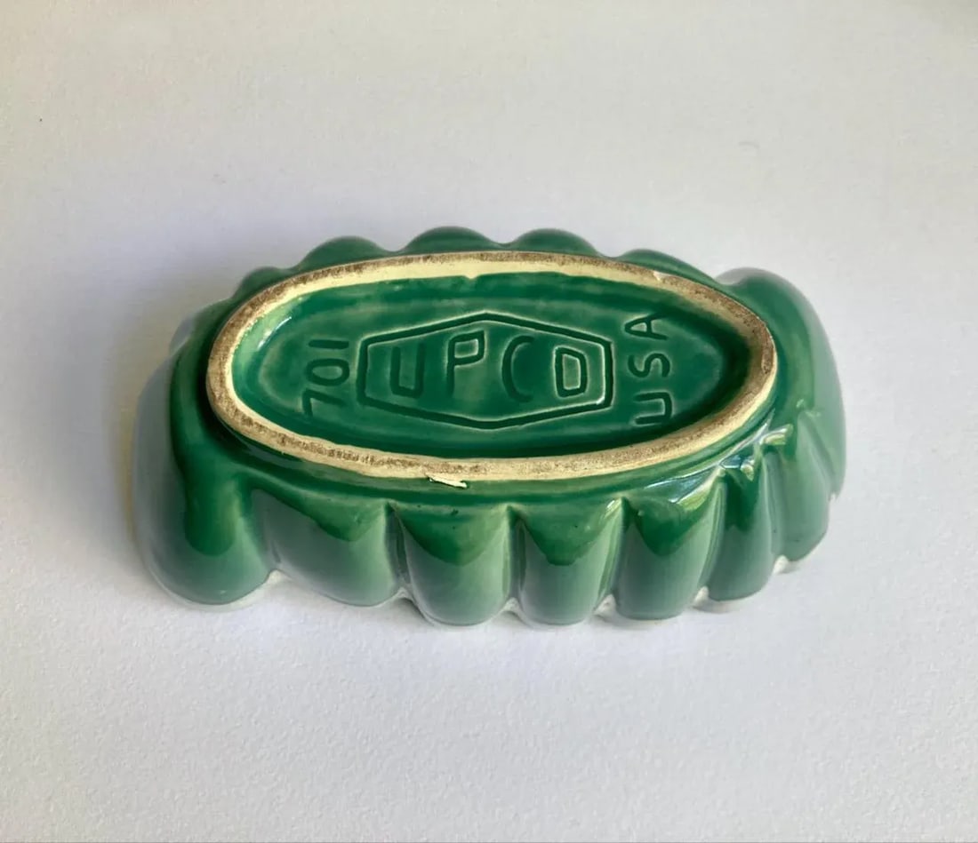 Vintage U P C O Ruffled Glazed Green & White Pottery Container - 10