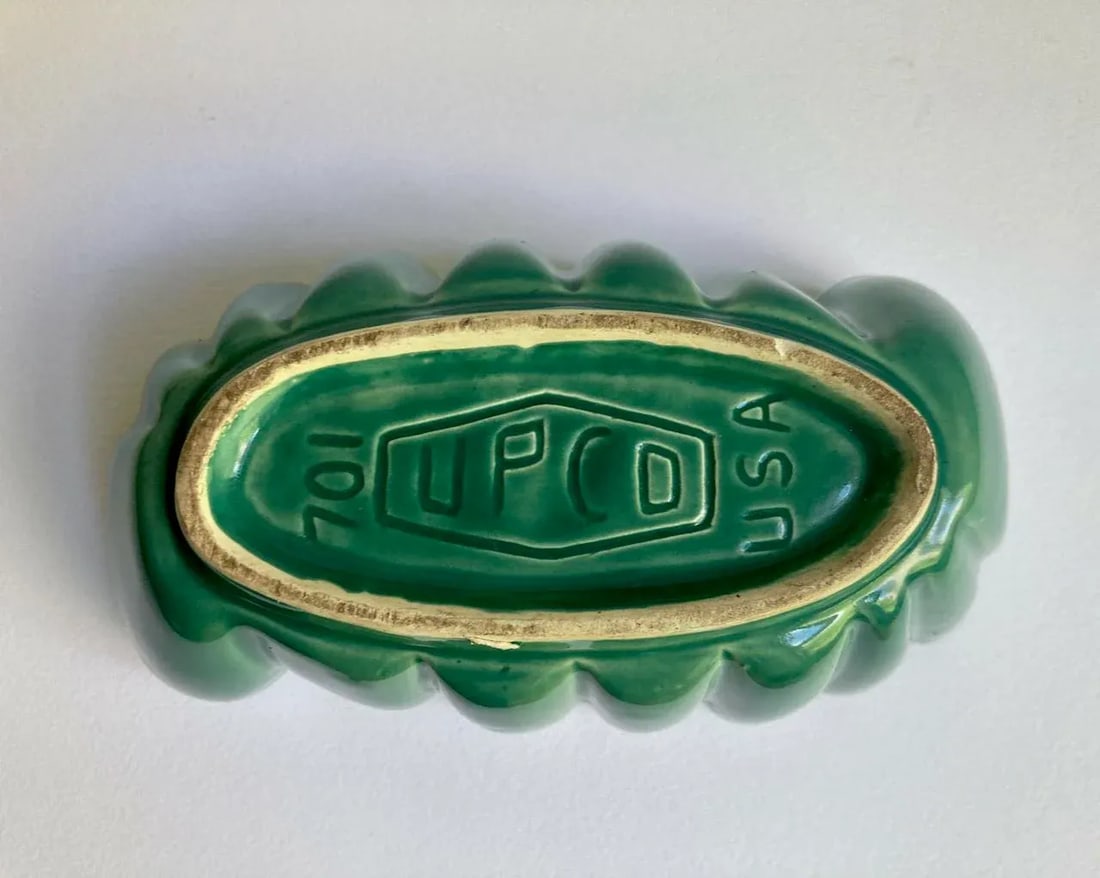 Vintage U P C O Ruffled Glazed Green & White Pottery Container - 11