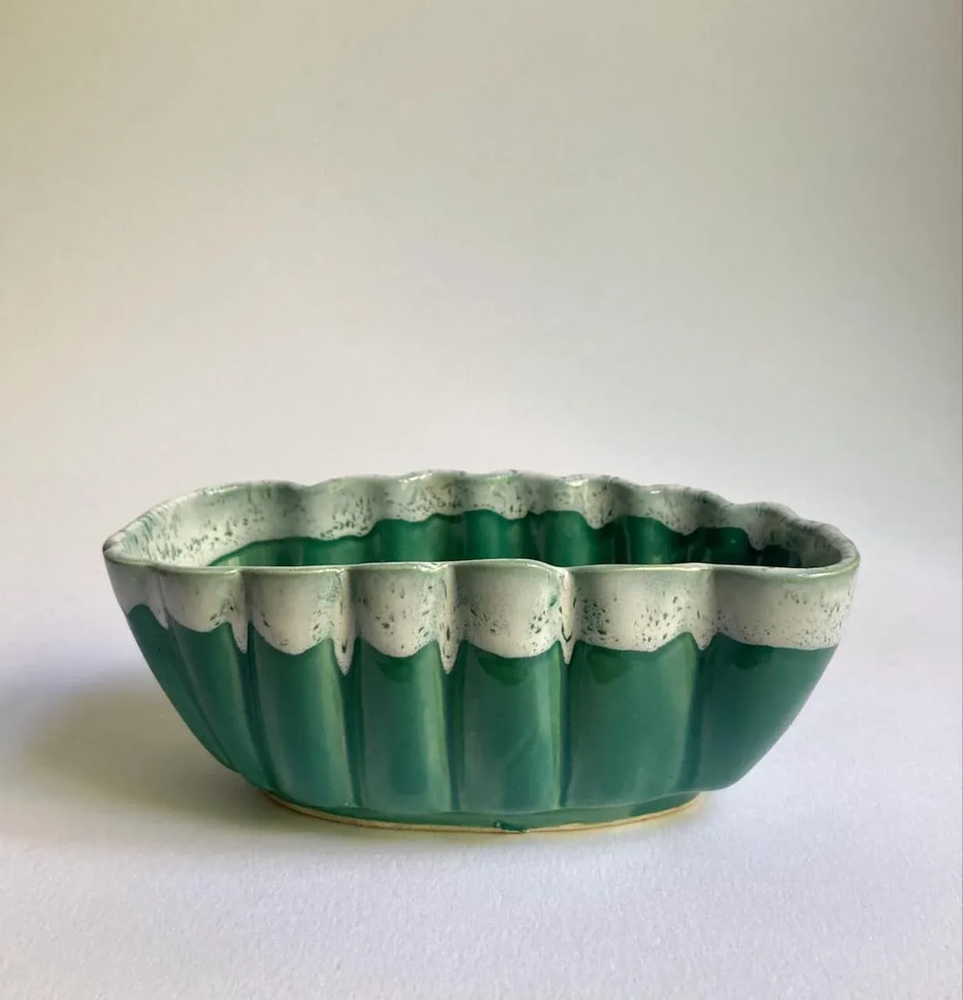 Vintage U P C O Ruffled Glazed Green & White Pottery Container - 12