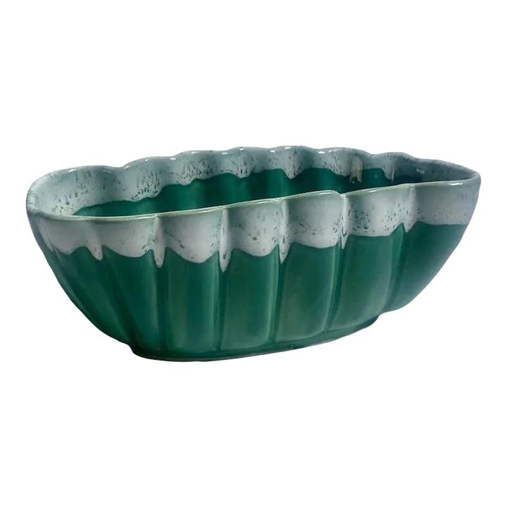Vintage U P C O Ruffled Glazed Green & White Pottery Container: American Mid Century UPCO Pottery Planter in Green with White Drip Glaze. Server. Supplies. Storage. Container. Featuring a brightly glazed Deep Aqua Pottery scalloped oval form rimmed in White drip