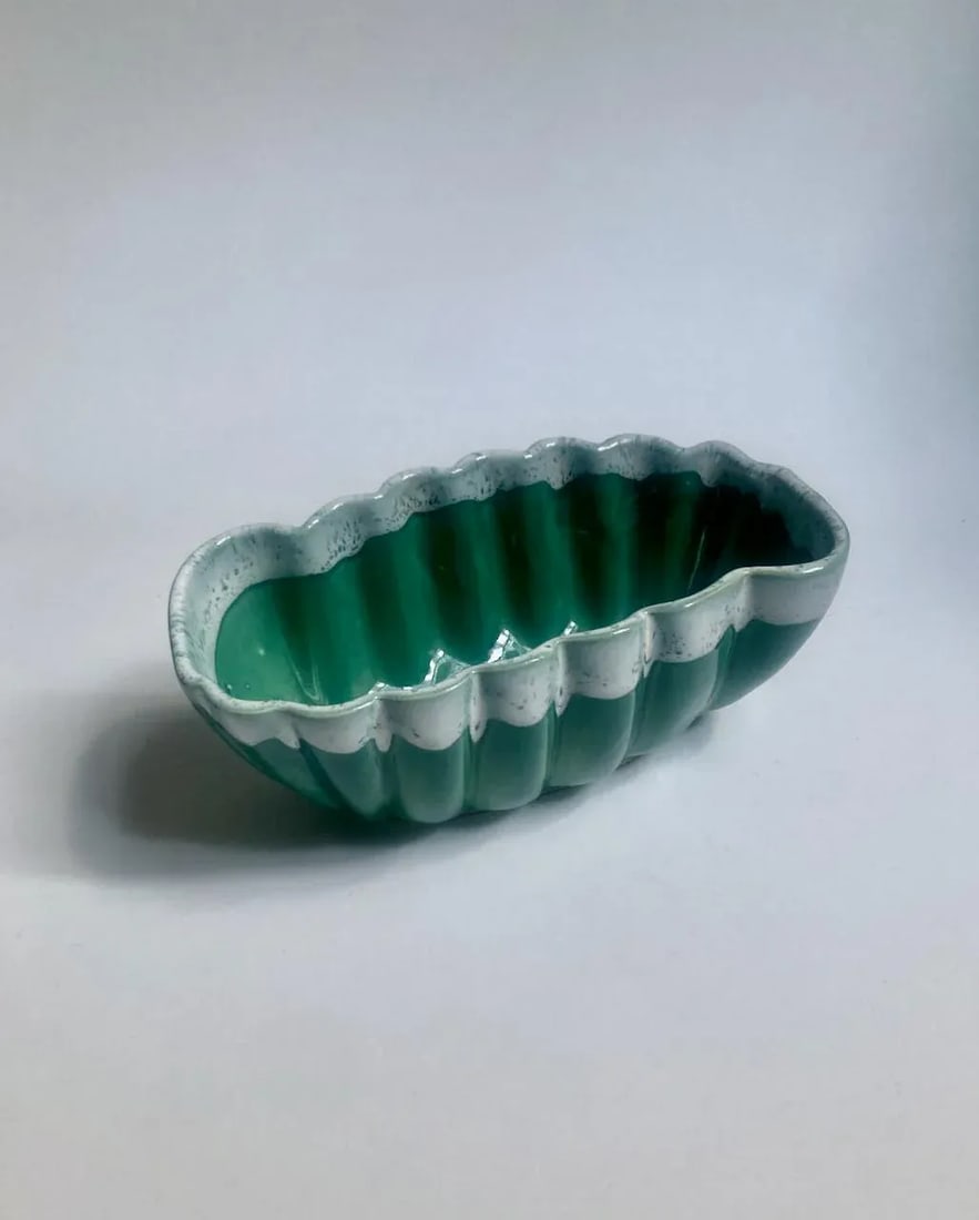 Vintage U P C O Ruffled Glazed Green & White Pottery Container - 2