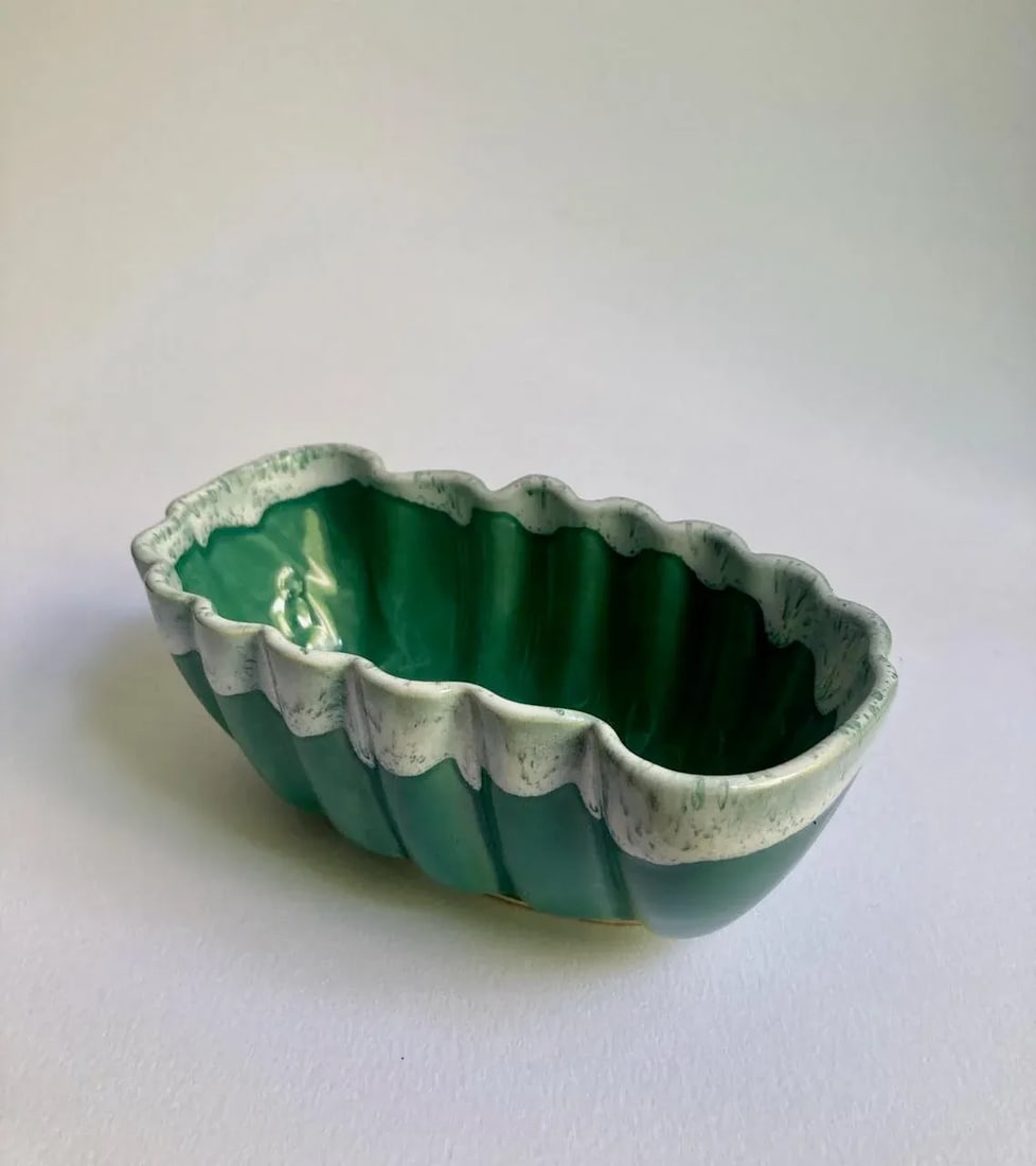 Vintage U P C O Ruffled Glazed Green & White Pottery Container - 4