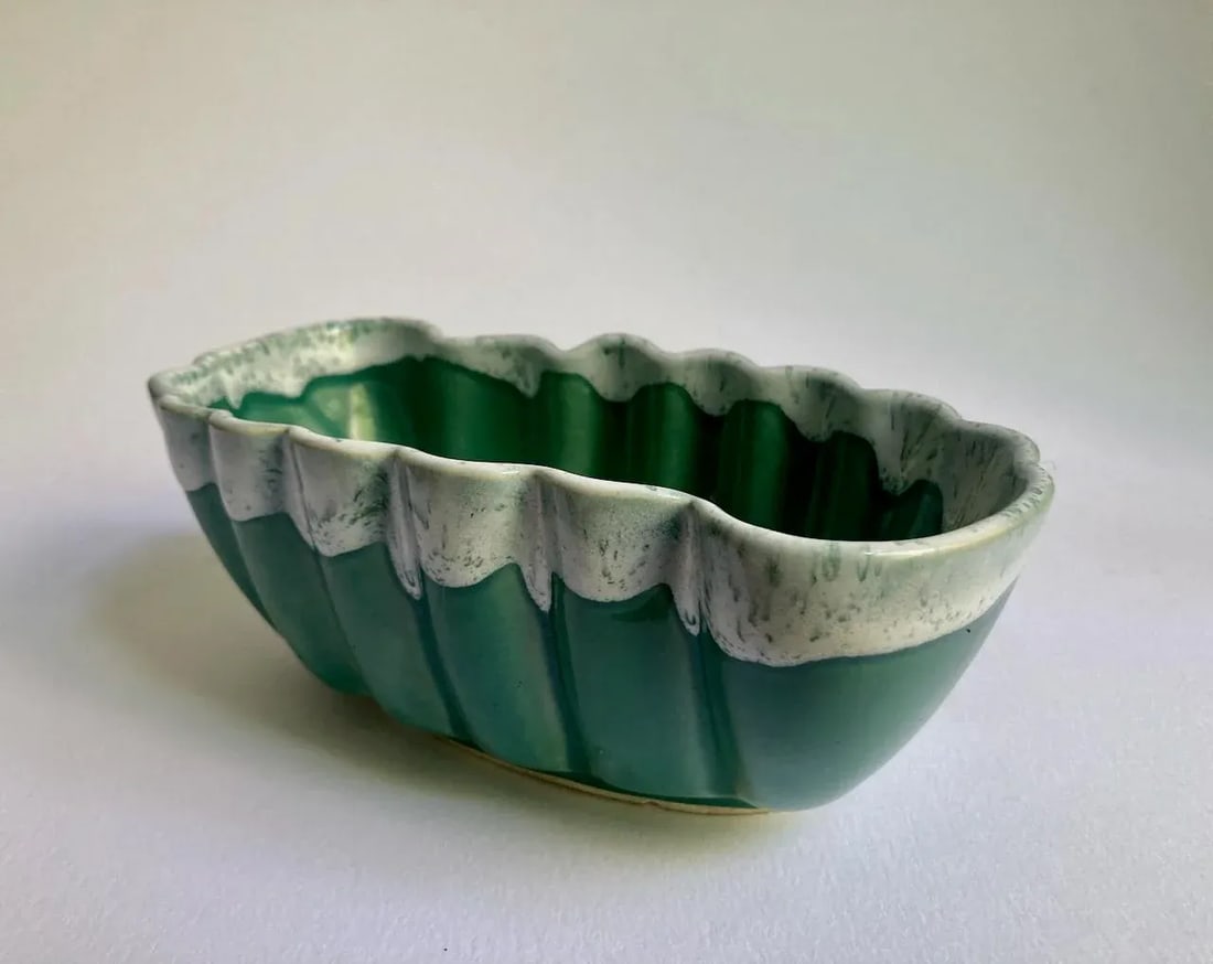 Vintage U P C O Ruffled Glazed Green & White Pottery Container - 6
