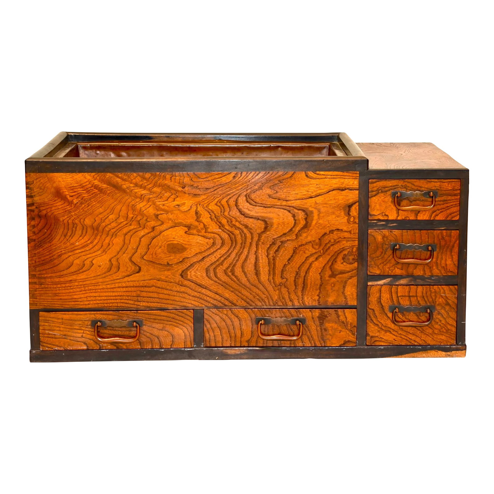 Japanese Antique Brazier Coffee Table: Beautifully figured Keyaki wood hibachi with drawers, copper handles, glass top and original lining. Hibachi like this were used with charcoal to heat water for tea and sake as well as provide heat