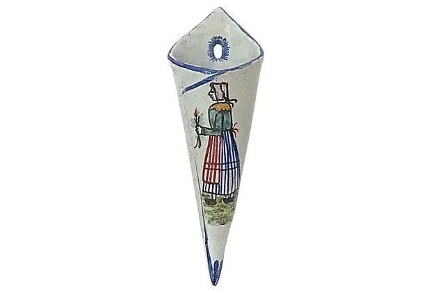 Antique Quimper Maiden Wall Pocket Vase - 5