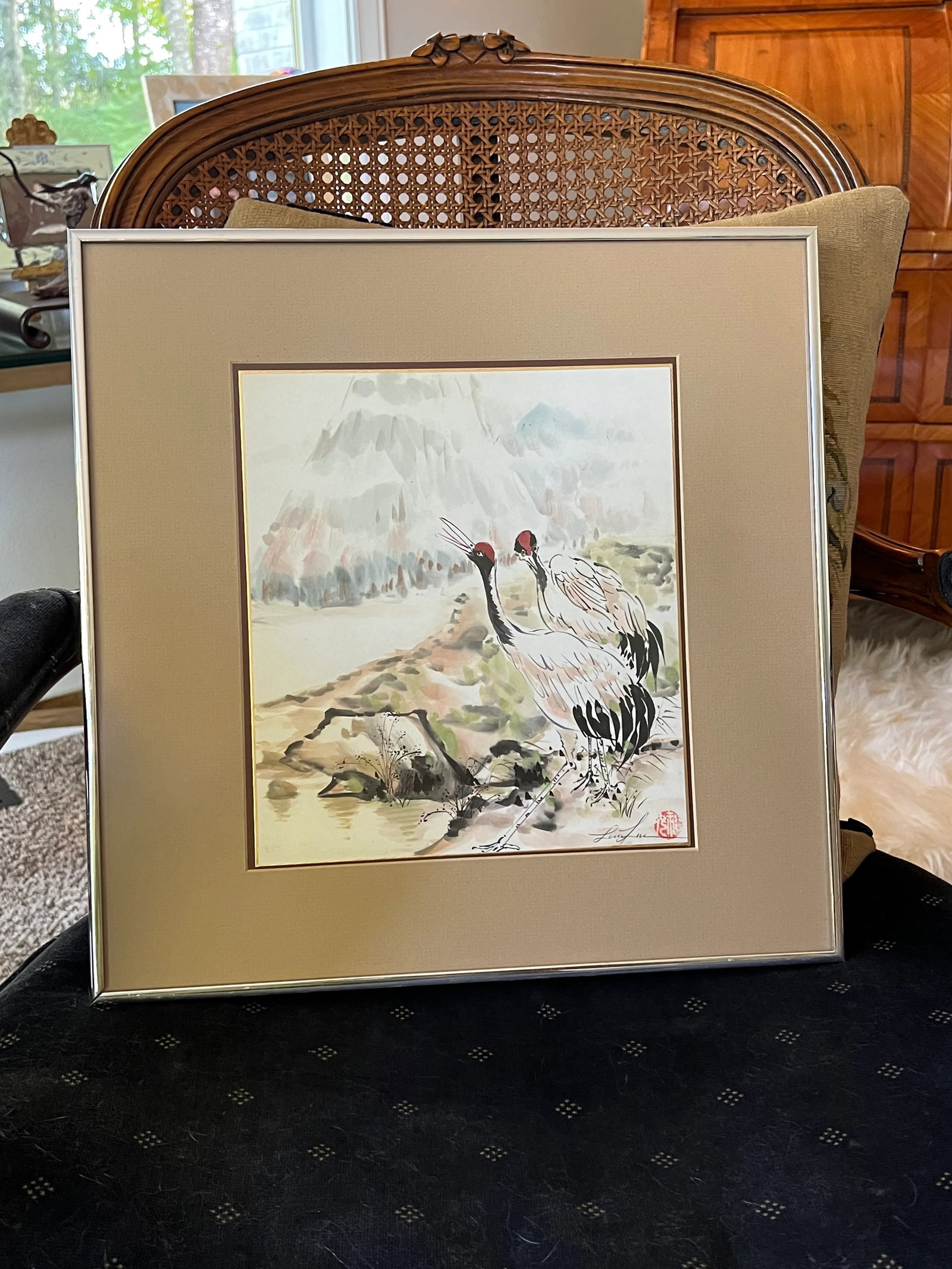 Framed Signed Red Crowned Crane Watercolor Painting - 2