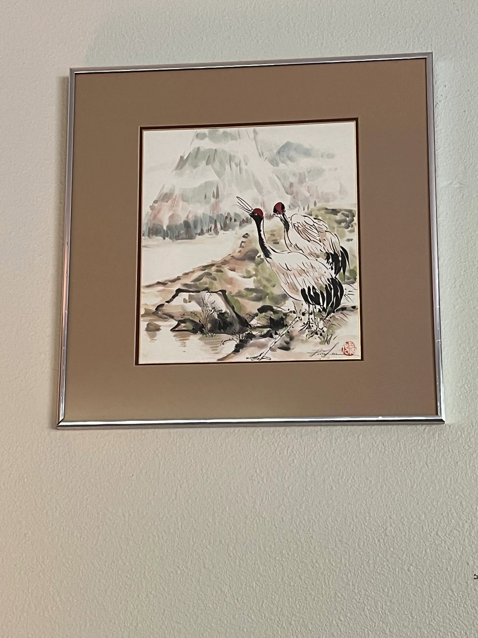 Framed Signed Red Crowned Crane Watercolor Painting - 4
