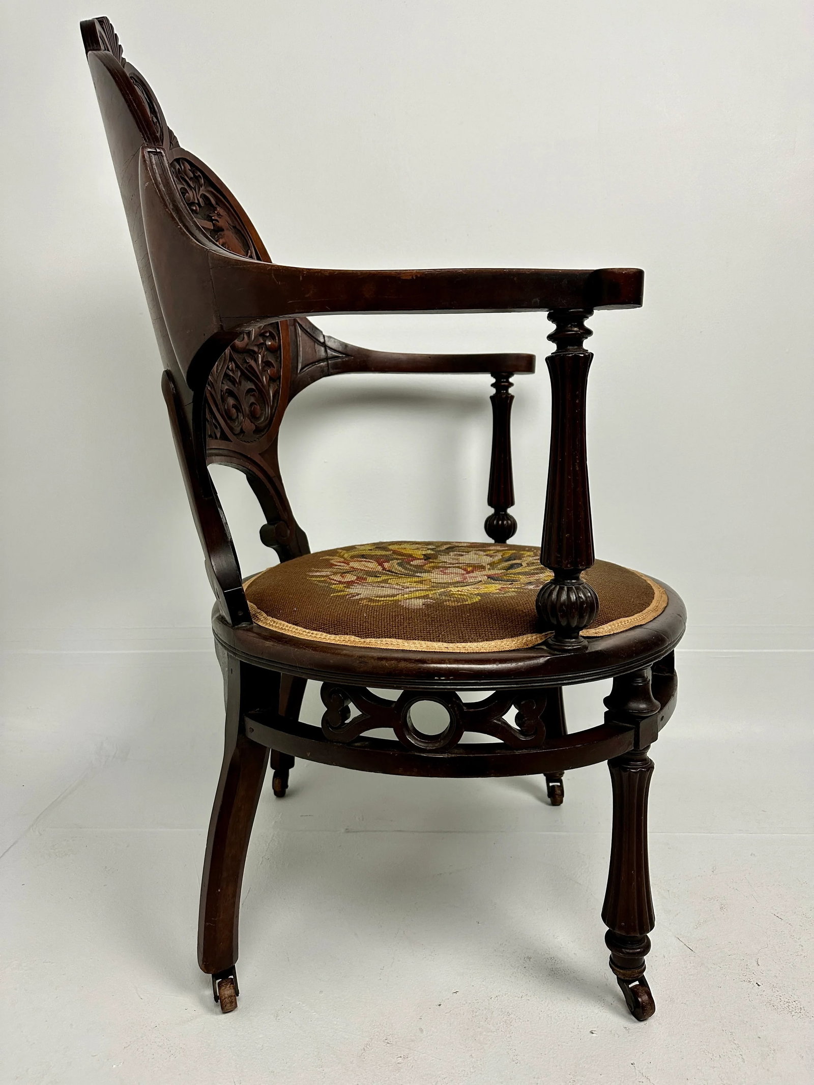 Antique Hand Carved Mahogany Embroidered Chair on Casters - 8