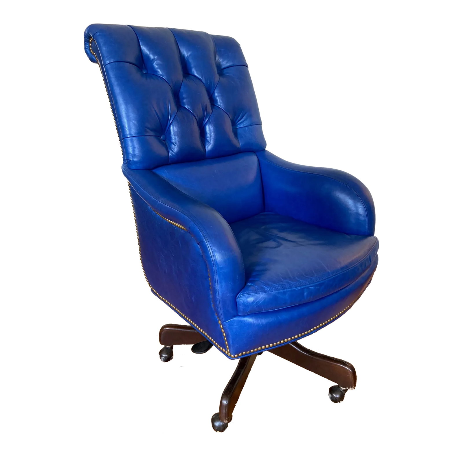 1990s Vibrant Royal Tufted Blue Leather Brass Chesterfield Executive Desk Chair with Nailhead Trim (1 of 9)