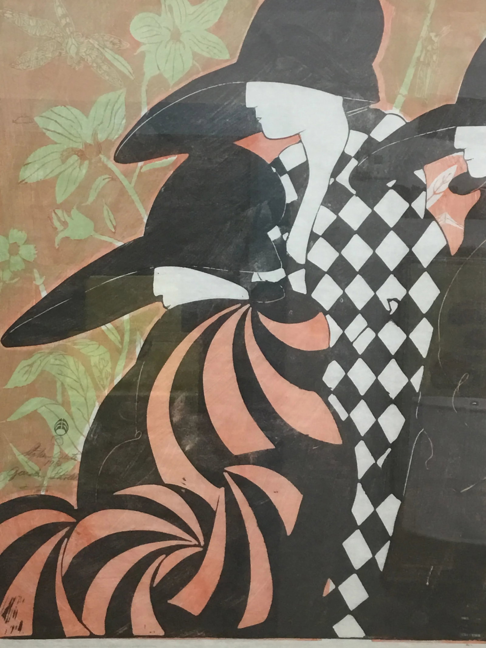 "Garden Strollers" Woodblock on Mulberry Paper by Stiphen White ( NC, 1944) - 2