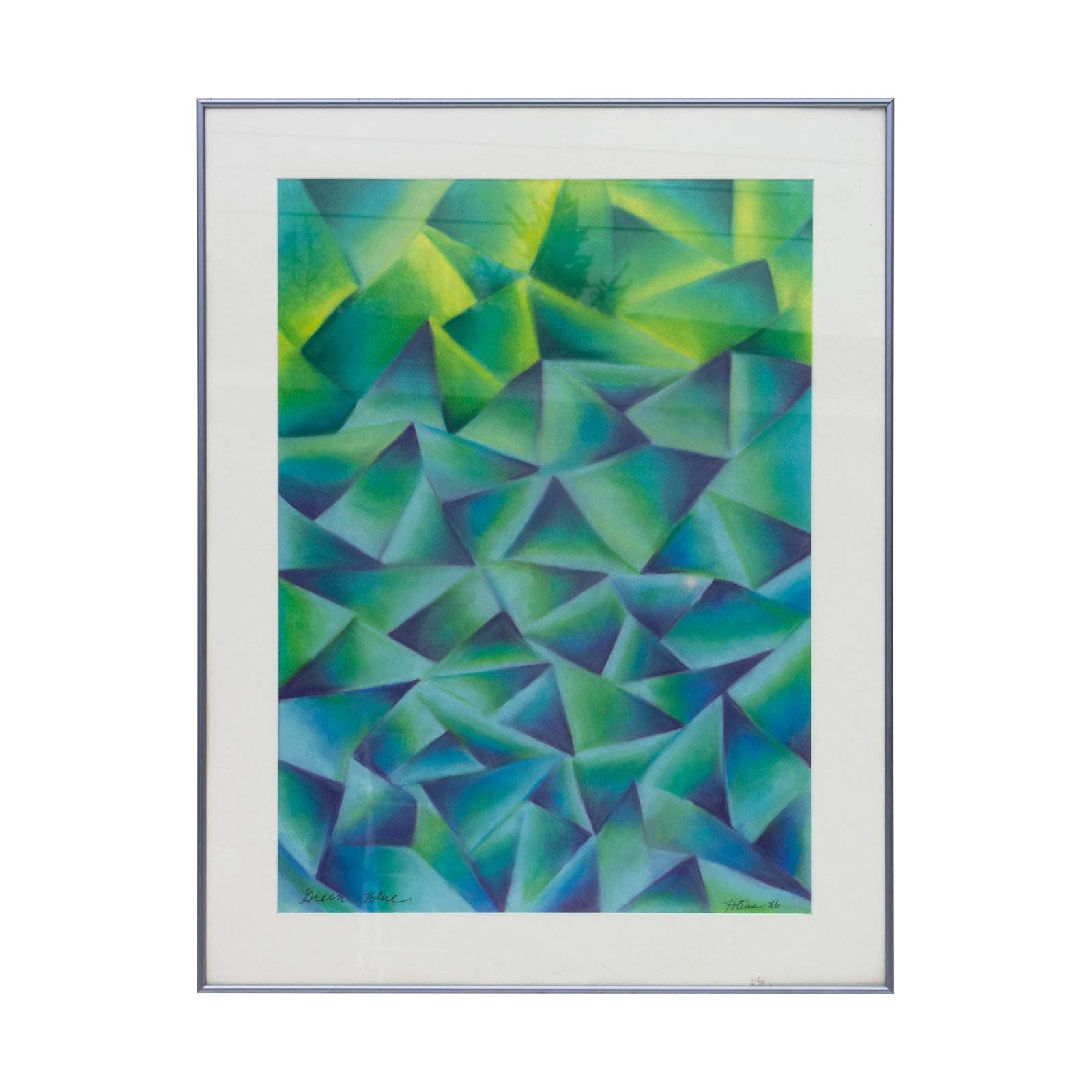 Geometric Pastel Drawing in Greens and Blues Signed Fotias '86 (1 of 7)