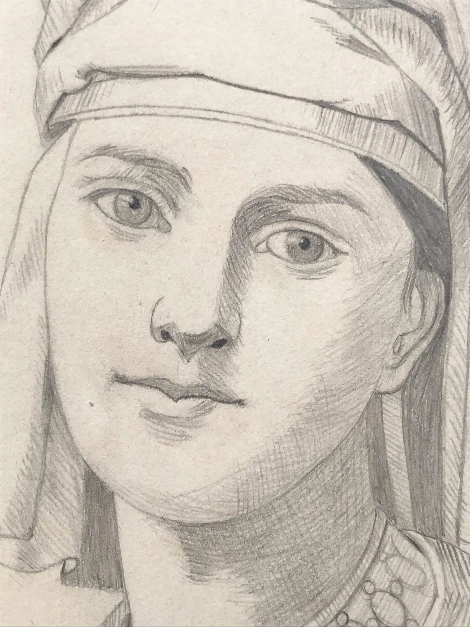 19th Century Antique Graphite Portrait Drawing of a Renaissance Woman - 5