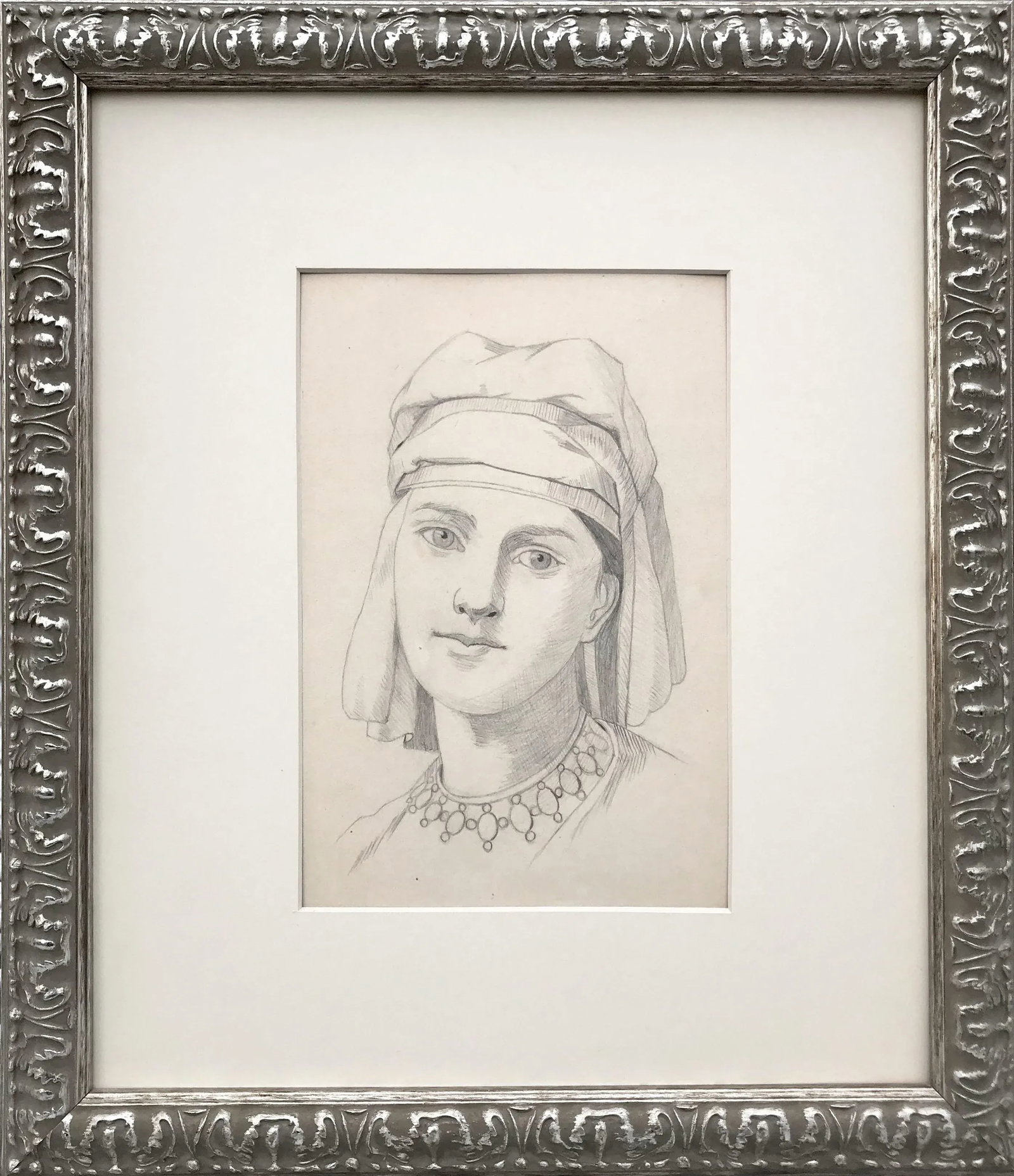 19th Century Antique Graphite Portrait Drawing of a Renaissance Woman - 6