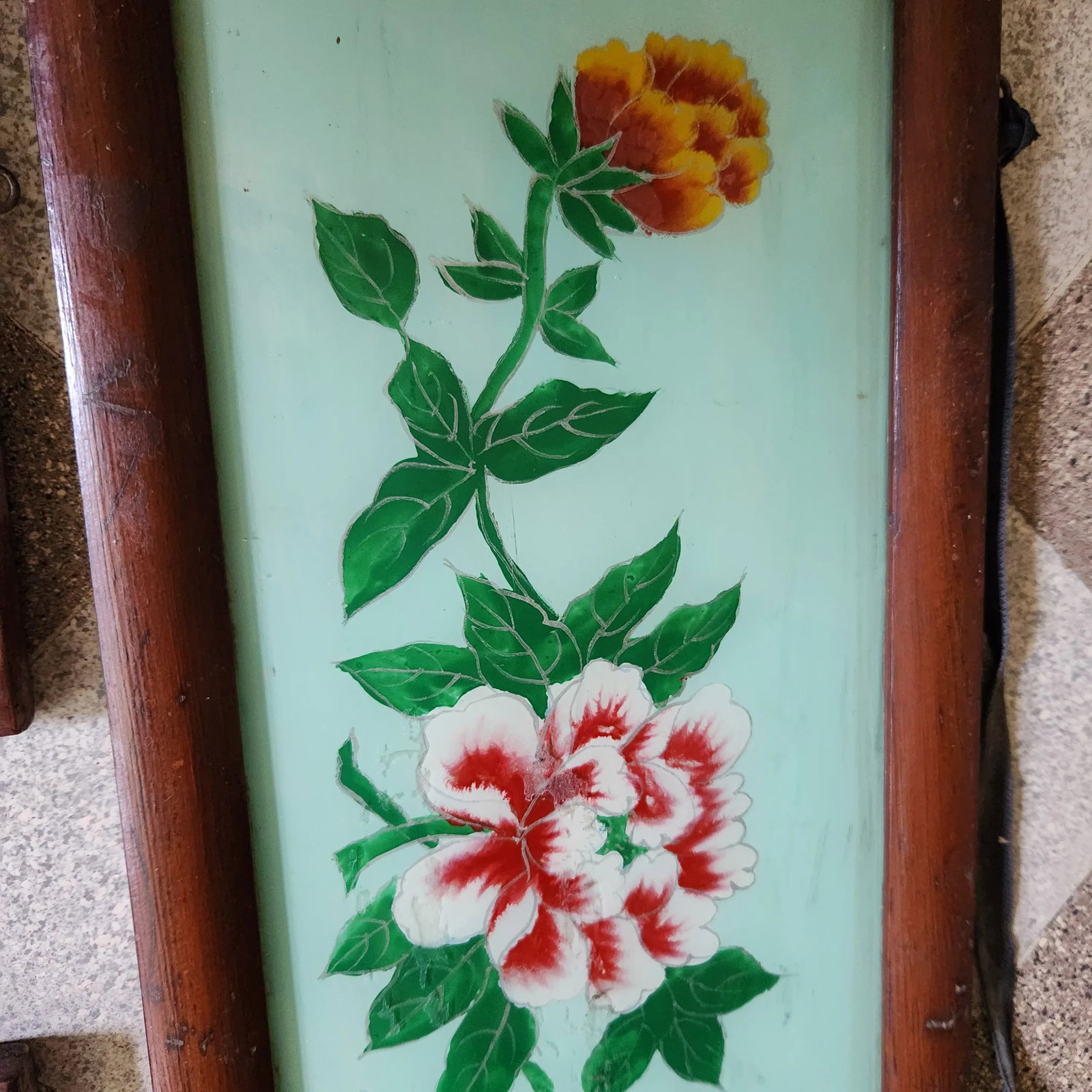 Antique Reverse Painted Glass Floral Painting, Set 3 - 4