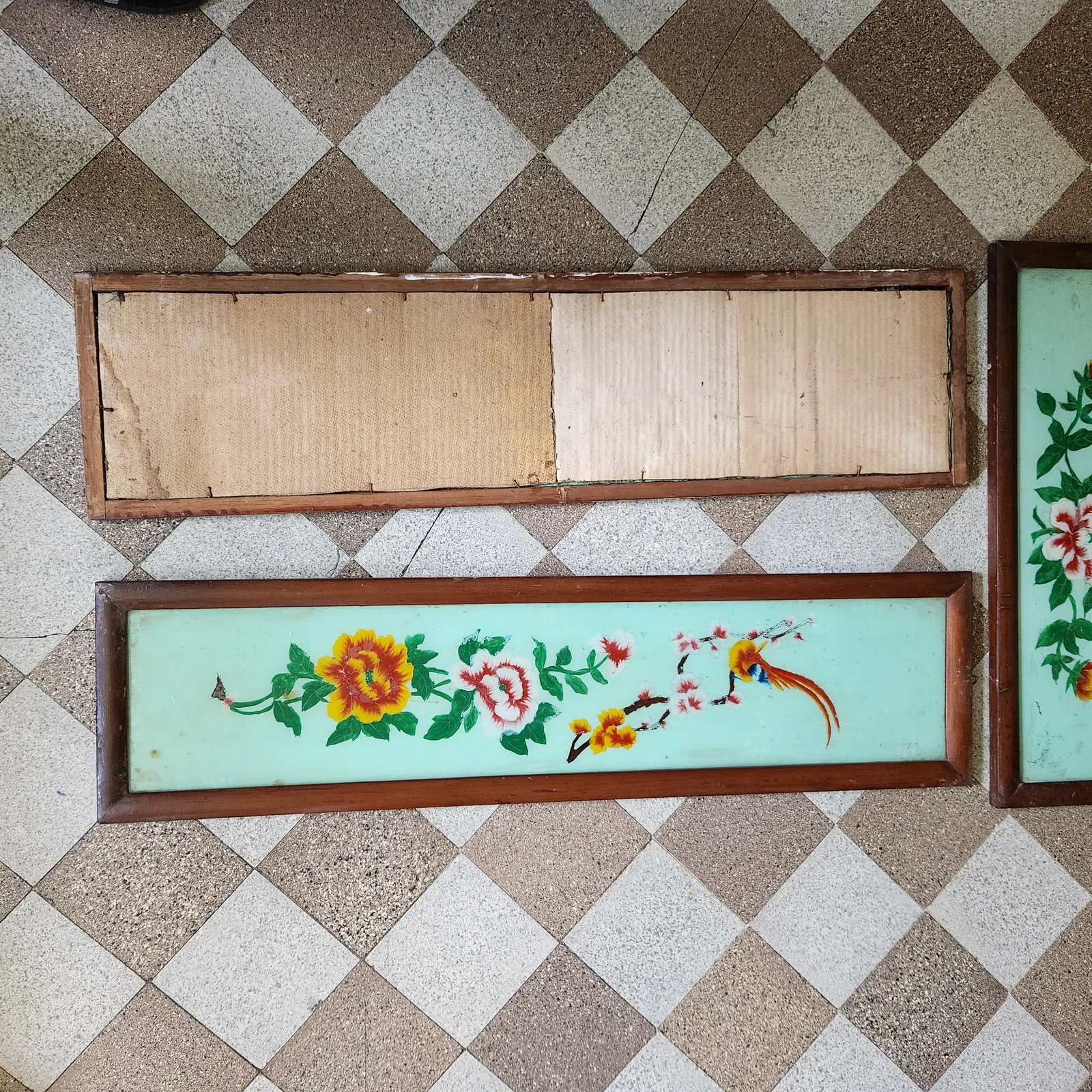 Antique Reverse Painted Glass Floral Painting, Set 3 - 5
