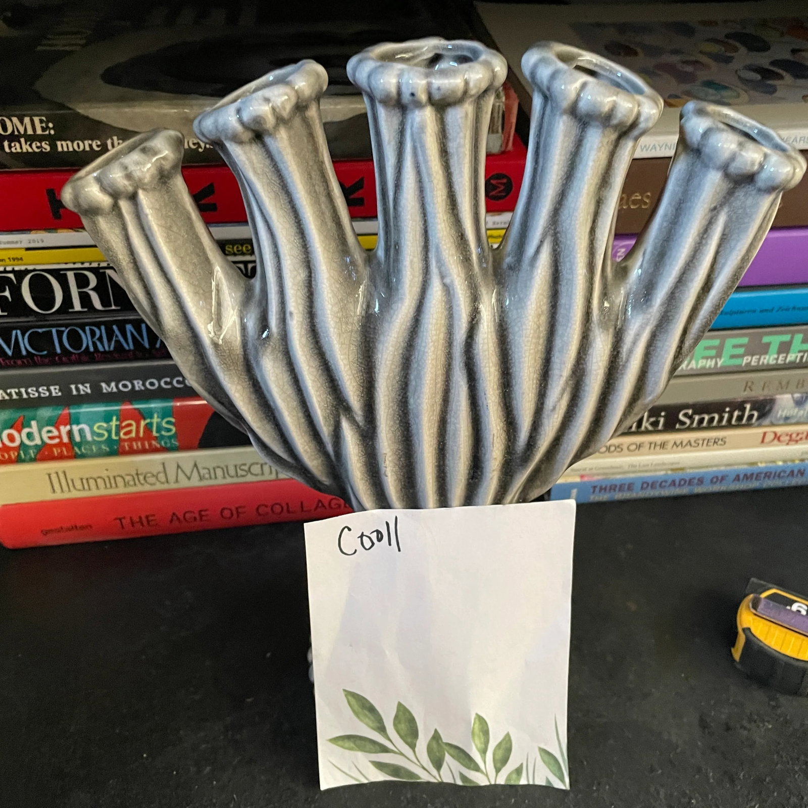 Mid Century Modern Gray and White Ceramic Five Finger Tulipiere Vase - 11
