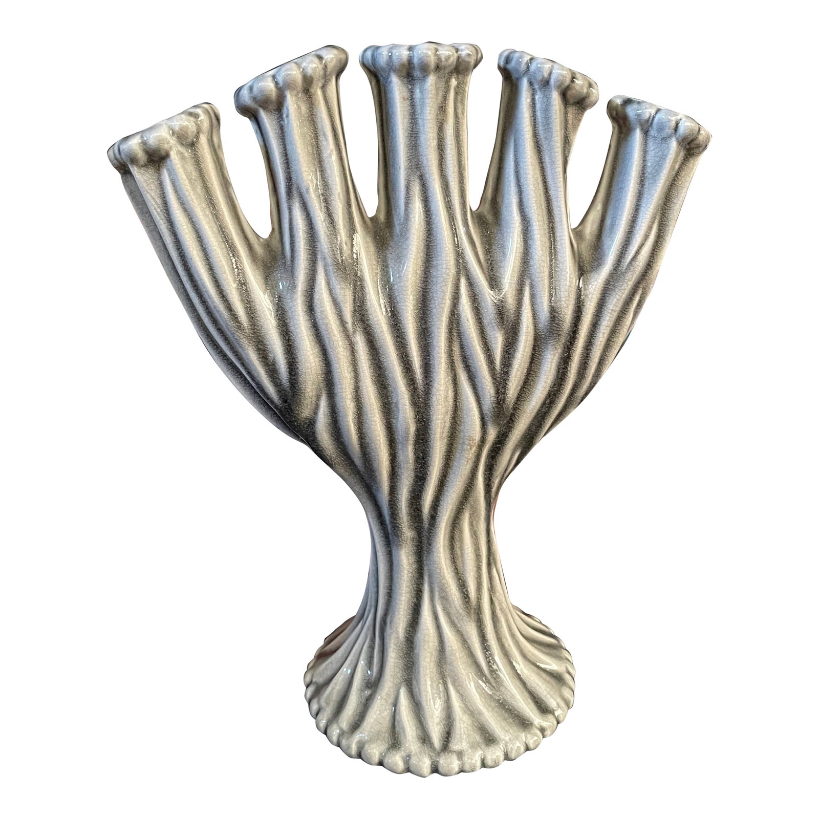 Mid Century Modern Gray and White Ceramic Five Finger Tulipiere Vase (1 of 12)