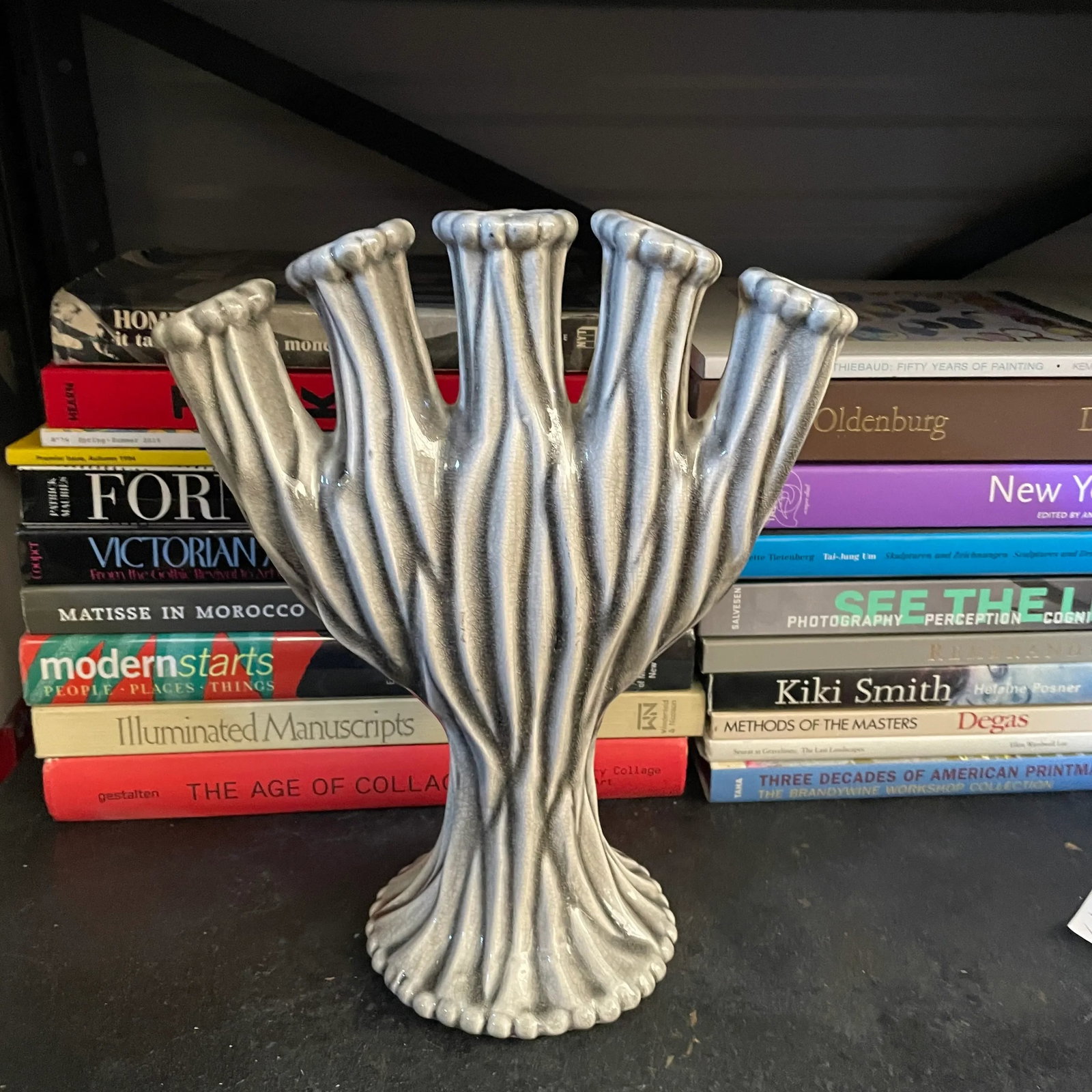 Mid Century Modern Gray and White Ceramic Five Finger Tulipiere Vase - 3