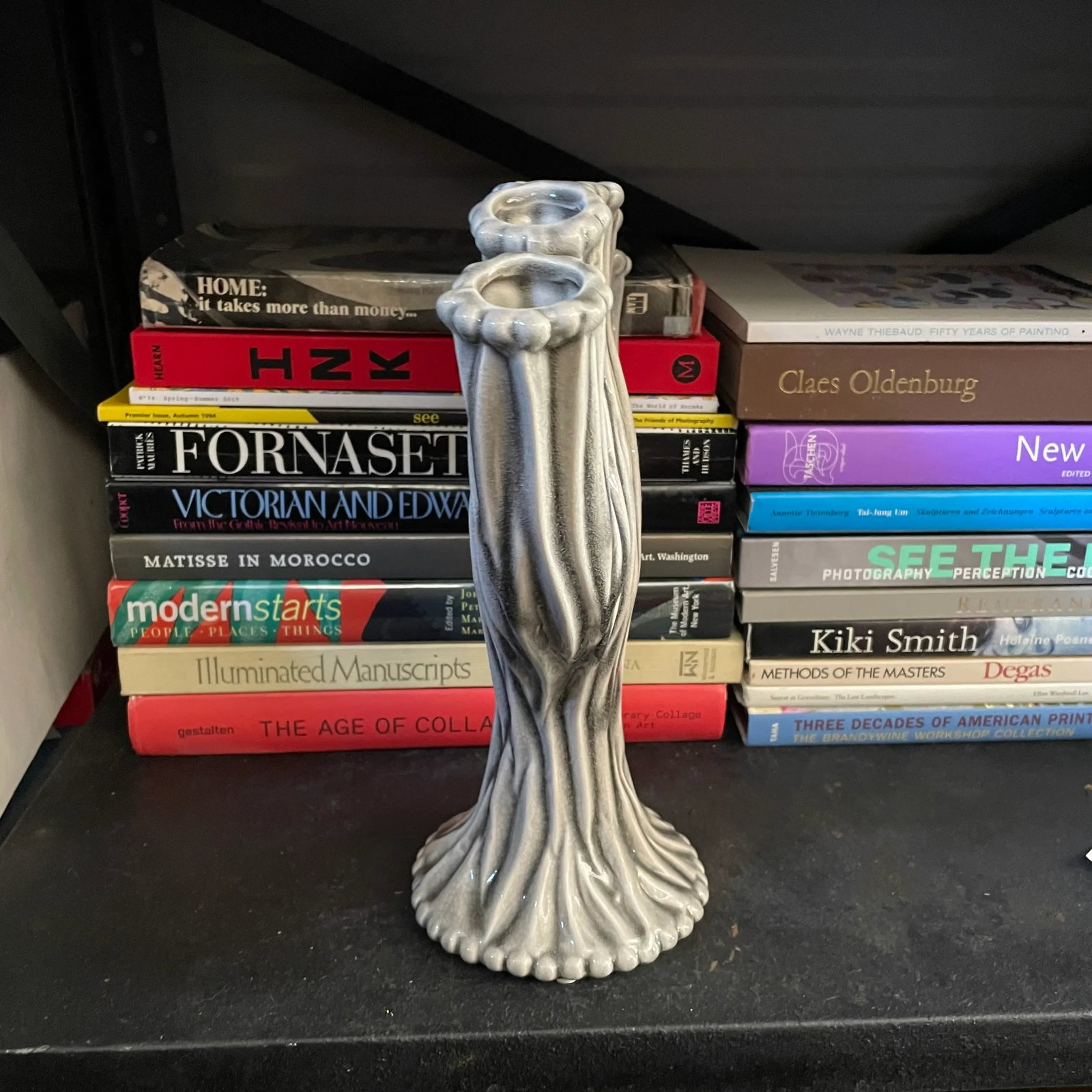 Mid Century Modern Gray and White Ceramic Five Finger Tulipiere Vase - 4