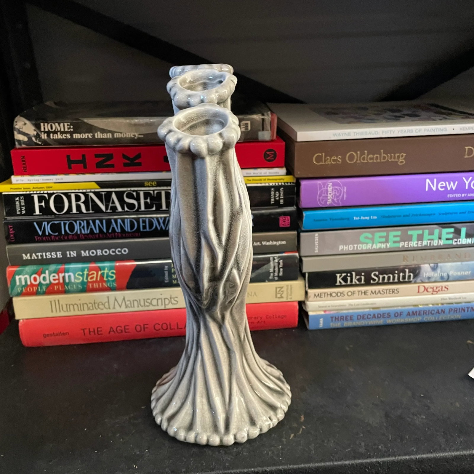 Mid Century Modern Gray and White Ceramic Five Finger Tulipiere Vase - 6