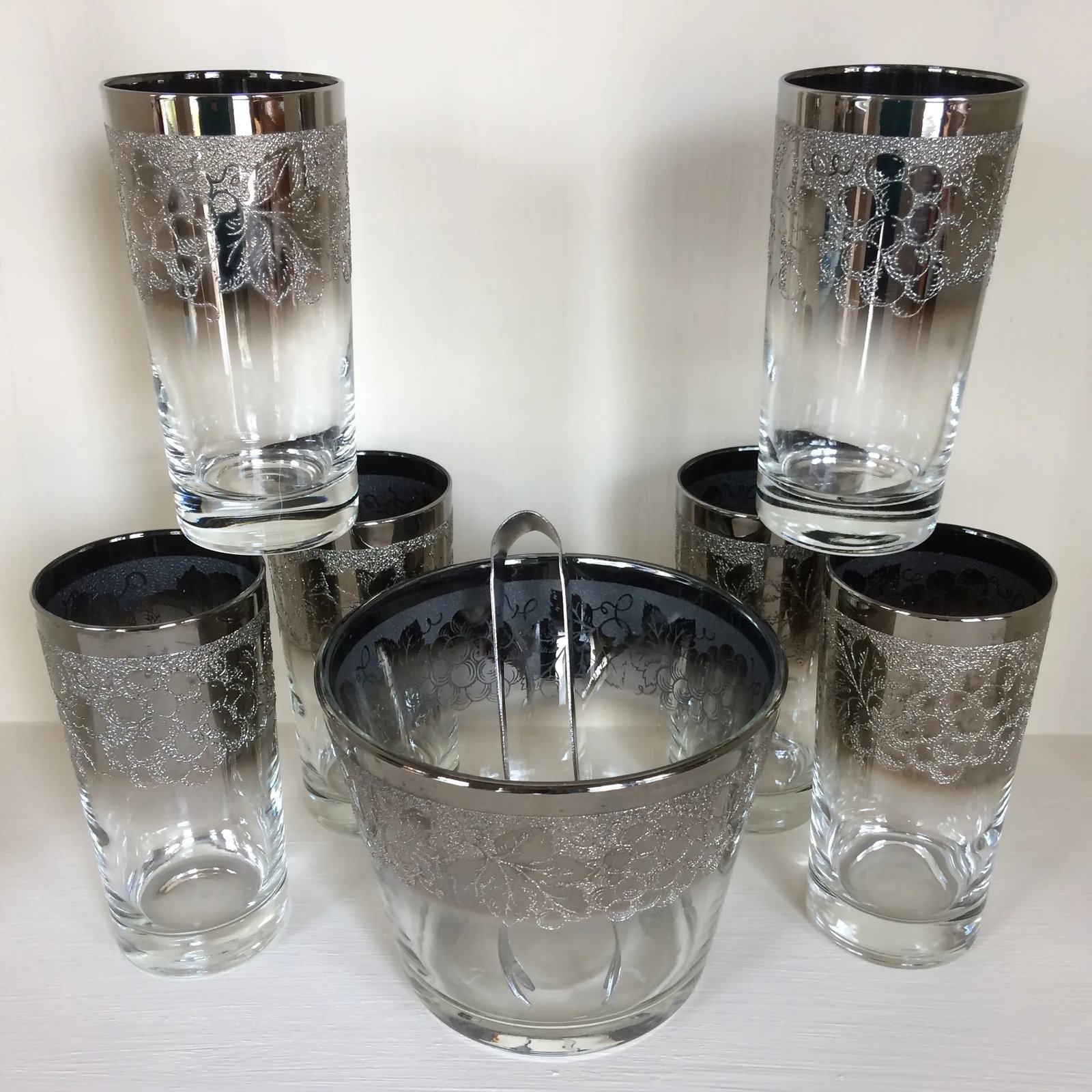 Dorothy Thorpe Style Grape Pattern Silver Fade Ice Bucket WithTongs and Six 12 Oz. Tumblers - Set of - 10