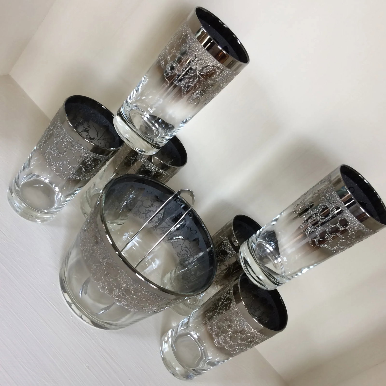 Dorothy Thorpe Style Grape Pattern Silver Fade Ice Bucket WithTongs and Six 12 Oz. Tumblers - Set of - 12