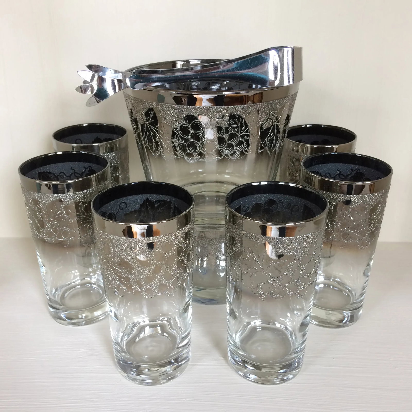 Dorothy Thorpe Style Grape Pattern Silver Fade Ice Bucket WithTongs and Six 12 Oz. Tumblers - Set of - 13