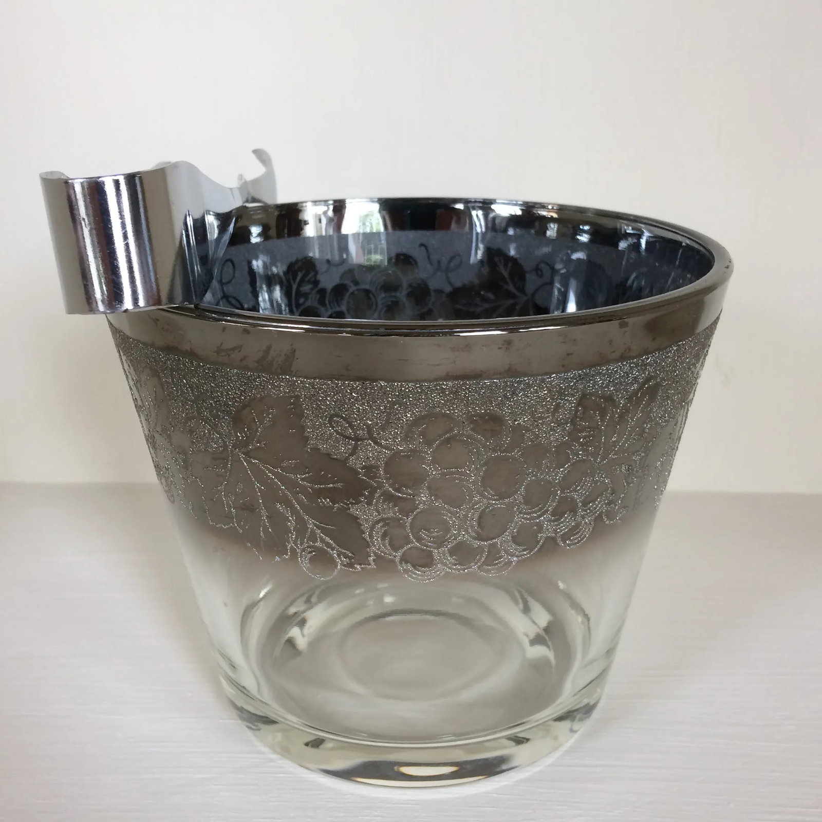 Dorothy Thorpe Style Grape Pattern Silver Fade Ice Bucket WithTongs and Six 12 Oz. Tumblers - Set of - 3