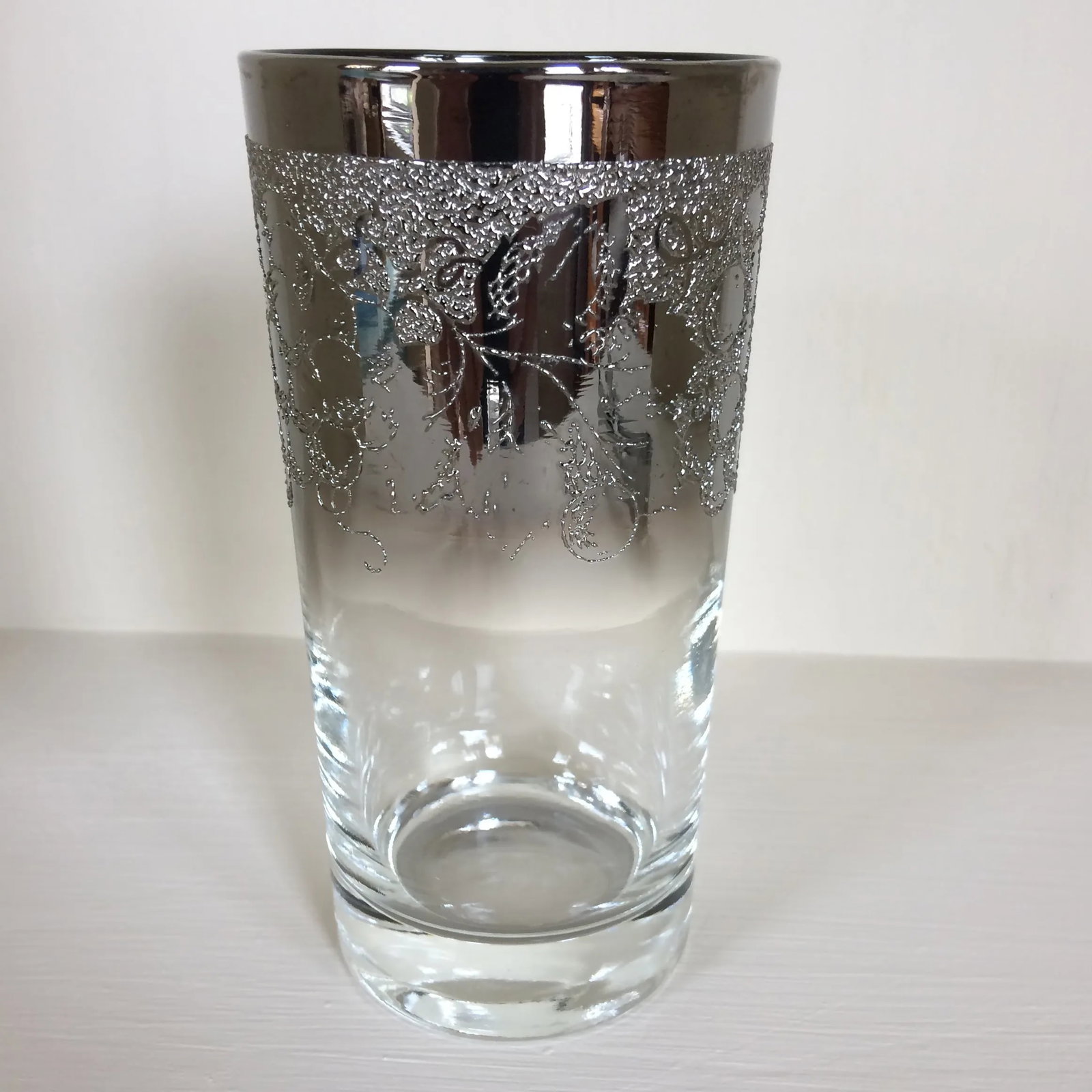Dorothy Thorpe Style Grape Pattern Silver Fade Ice Bucket WithTongs and Six 12 Oz. Tumblers - Set of - 7