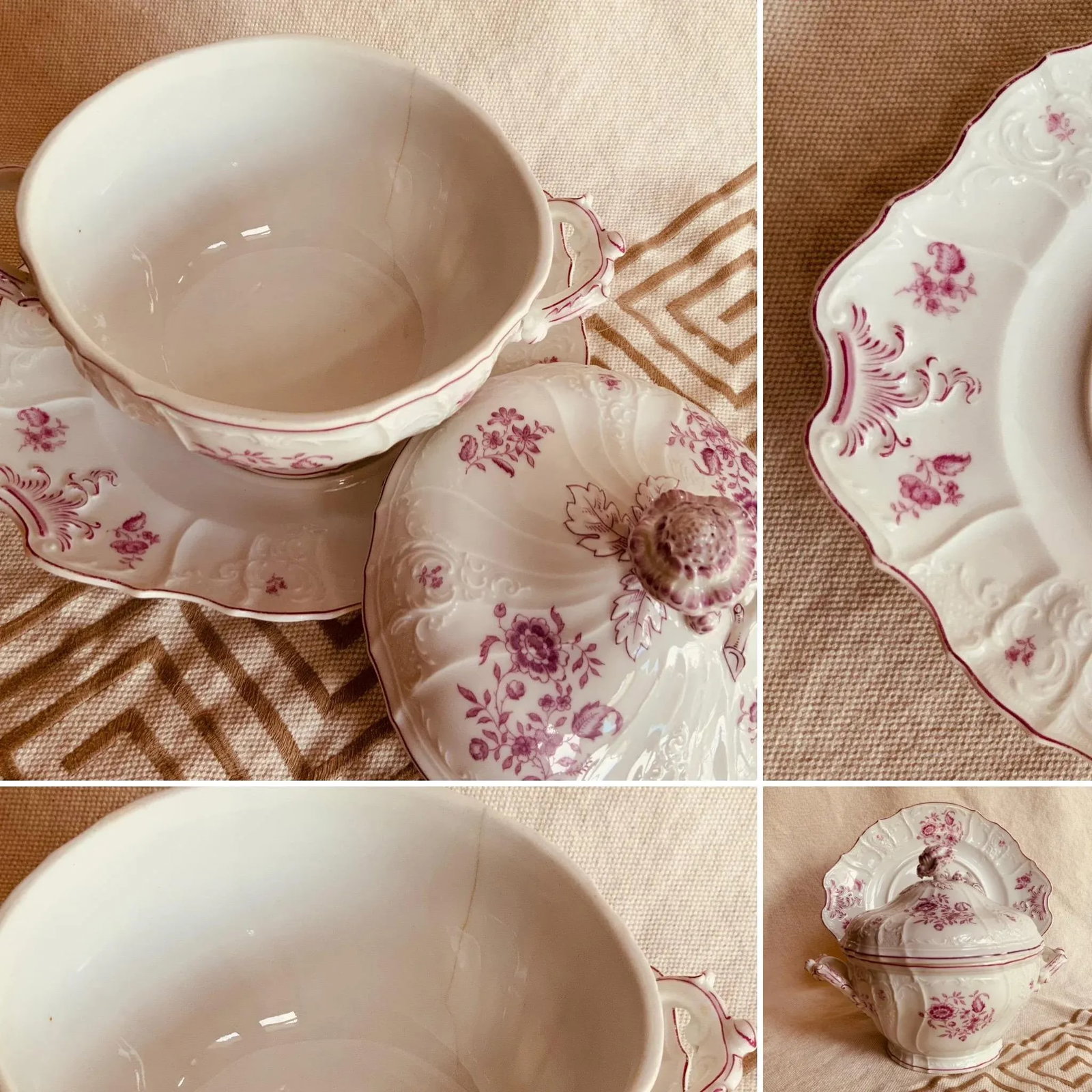 French Porcelain Sauce Tureen Set With Lid & Underplate, Circa 1820 - Rose Floral - 8