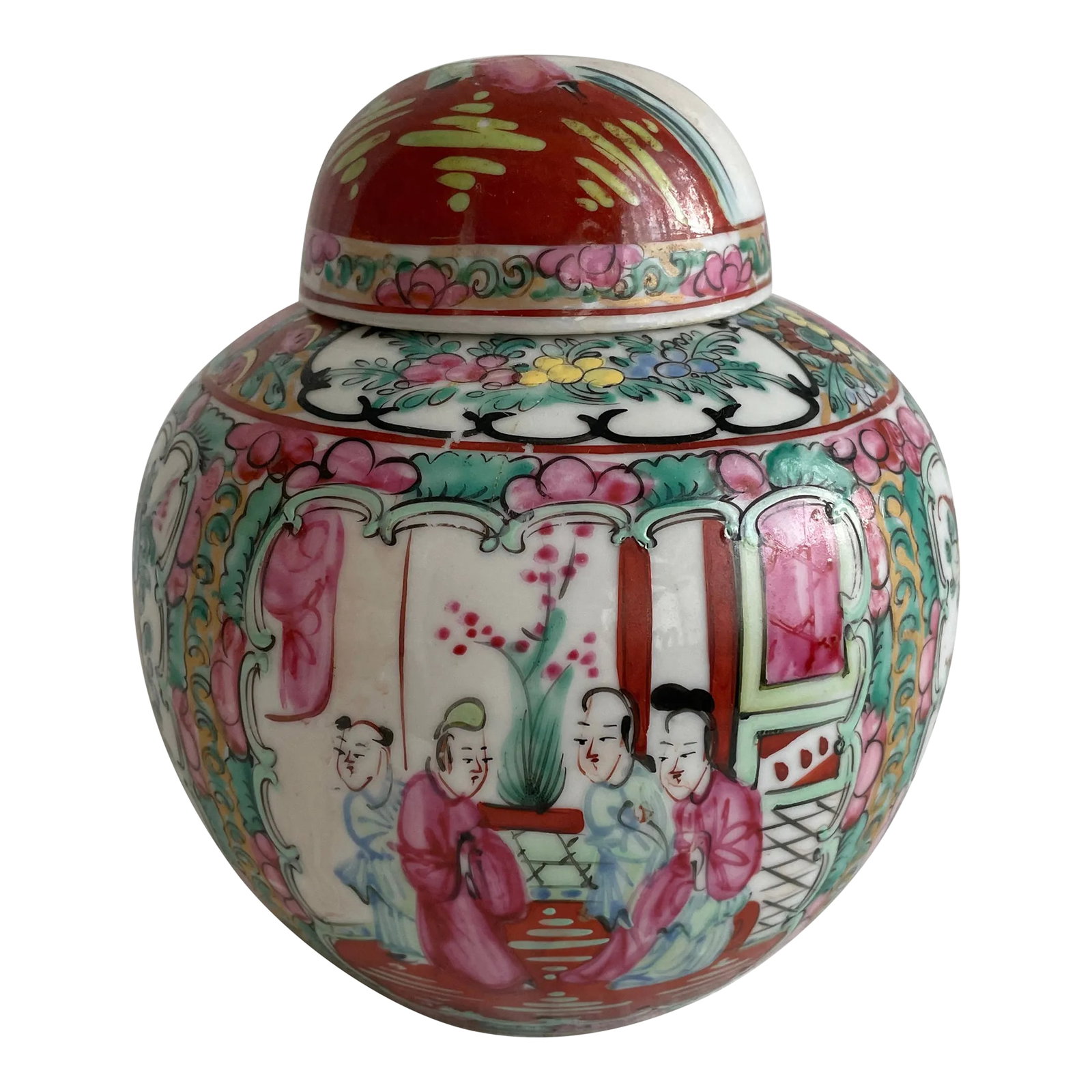 Vintage Famille Rose Ginger Jar With Lid: Classic Chinoiserie Tung Fong Ginger Jar in Famille Rose pattern, with lid. The painting depicts four people on two sides and flowers and birds on two other sides. Three people are painted on the top 