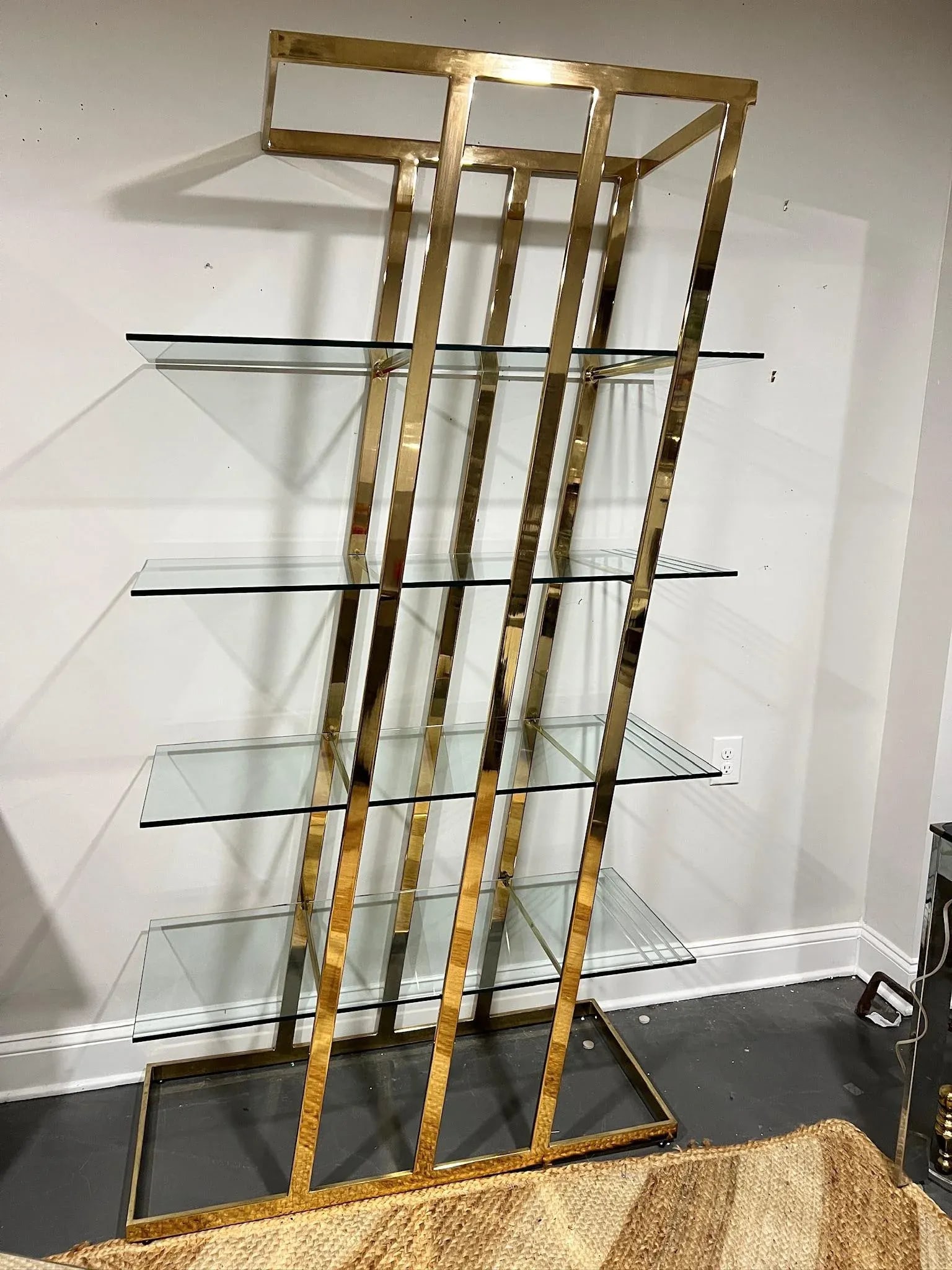 Angular Brass Etagere With Glass Shelves Hollywood Regency 1970s Vintage - 2