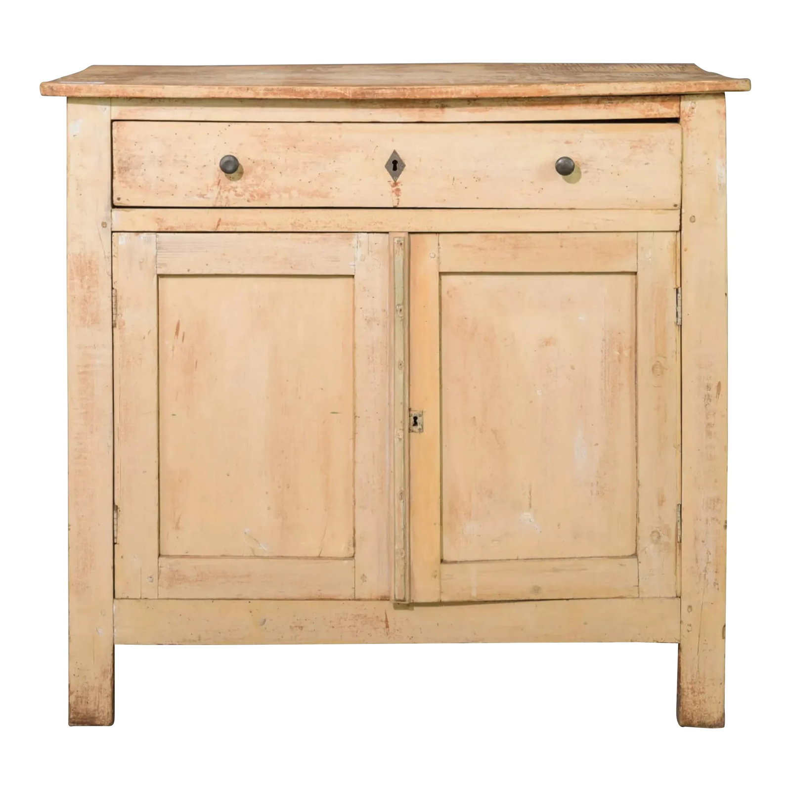 Classic French Farmhouse Painted Two Door Buffet - Early 20th C.: Classic French farmhouse painted two door buffet - early 20th C. This charming rustic buffet has a lovely gold tone patina, with a natural wood tone top, and is a wonderful accent piece in any space. 
