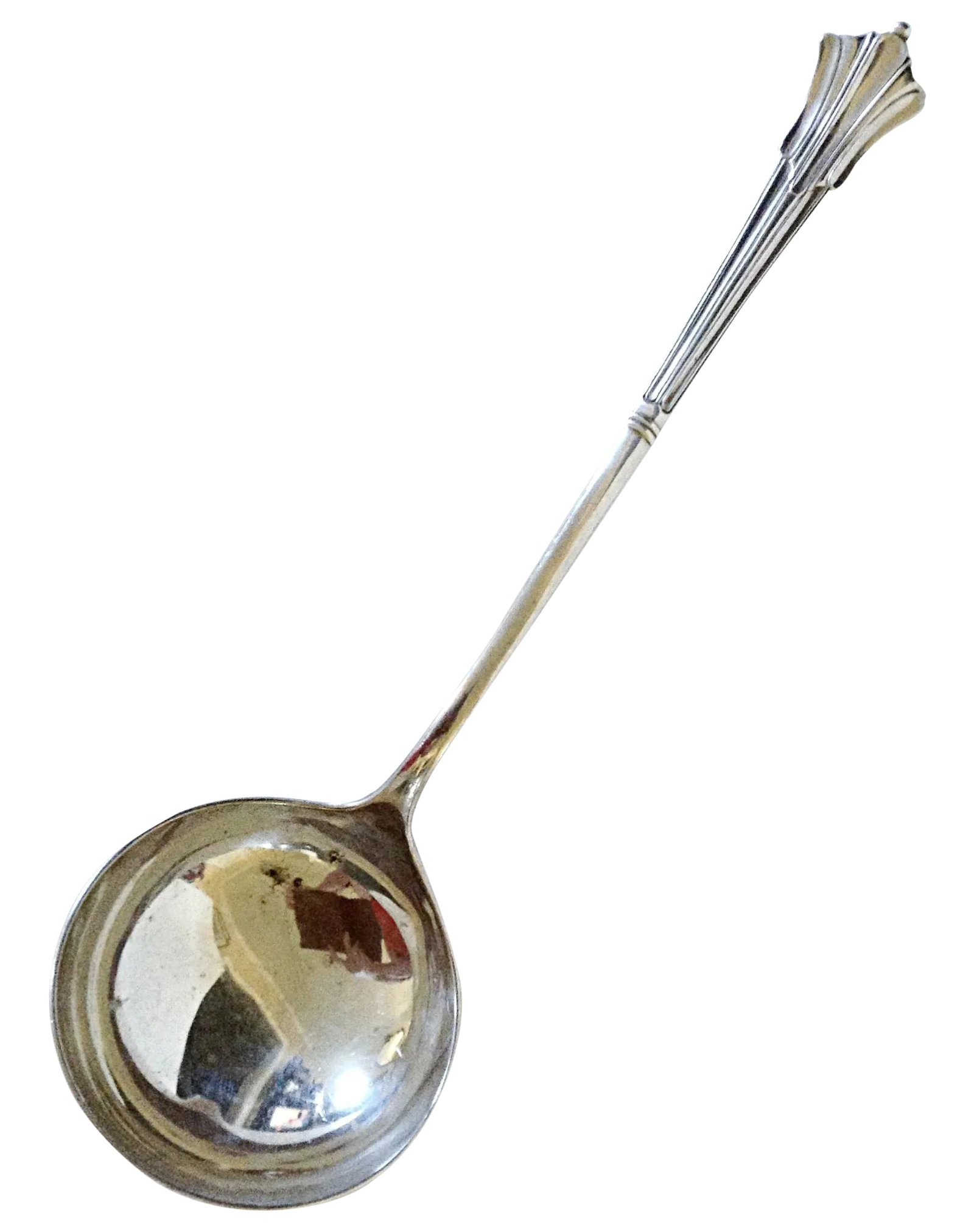 English Silver Plated Soup Ladle: This lovely English soup ladle is triple plated silver and it's elegant pattern is beautifully decorated on both the top, bottom and back of the piece. The maker's mark is on the underside of the