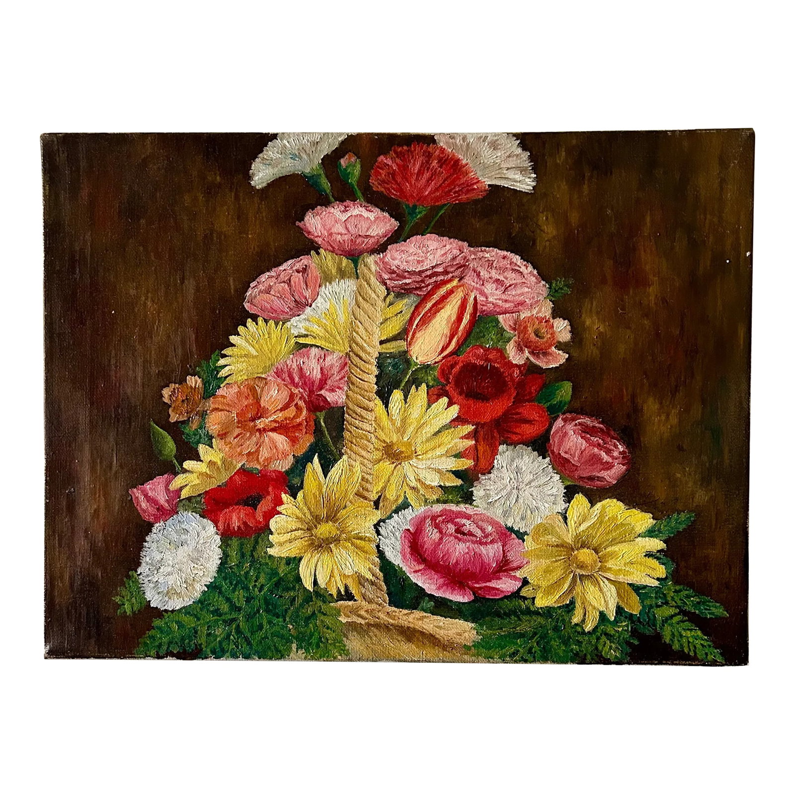 Original Still Life "Spring Flower Basket" Oil on Canvas: Flower power! Vivid colors and exceptional attention to detail make this original oil on canvas a true delight. Unframed, so you can add the perfect final touch! UNTITLED STILL LIFE Oil on canvas
