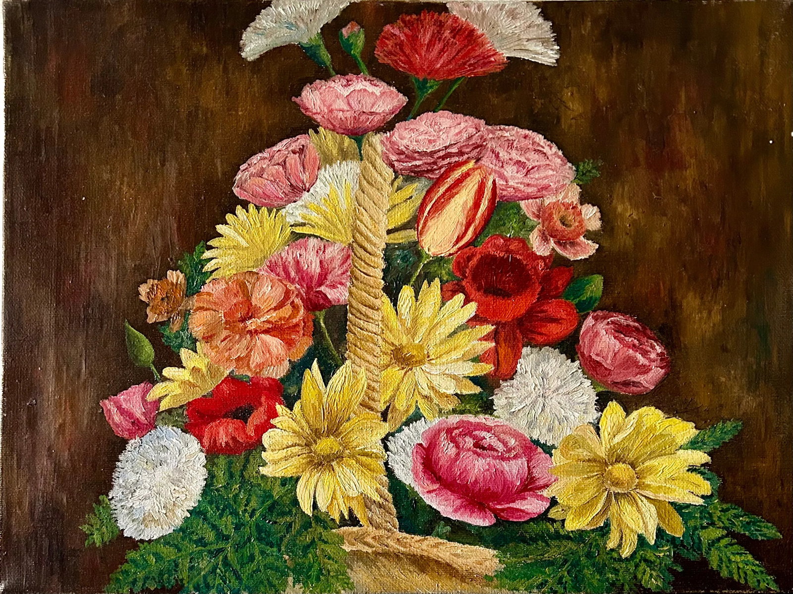 Original Still Life "Spring Flower Basket" Oil on Canvas - 2