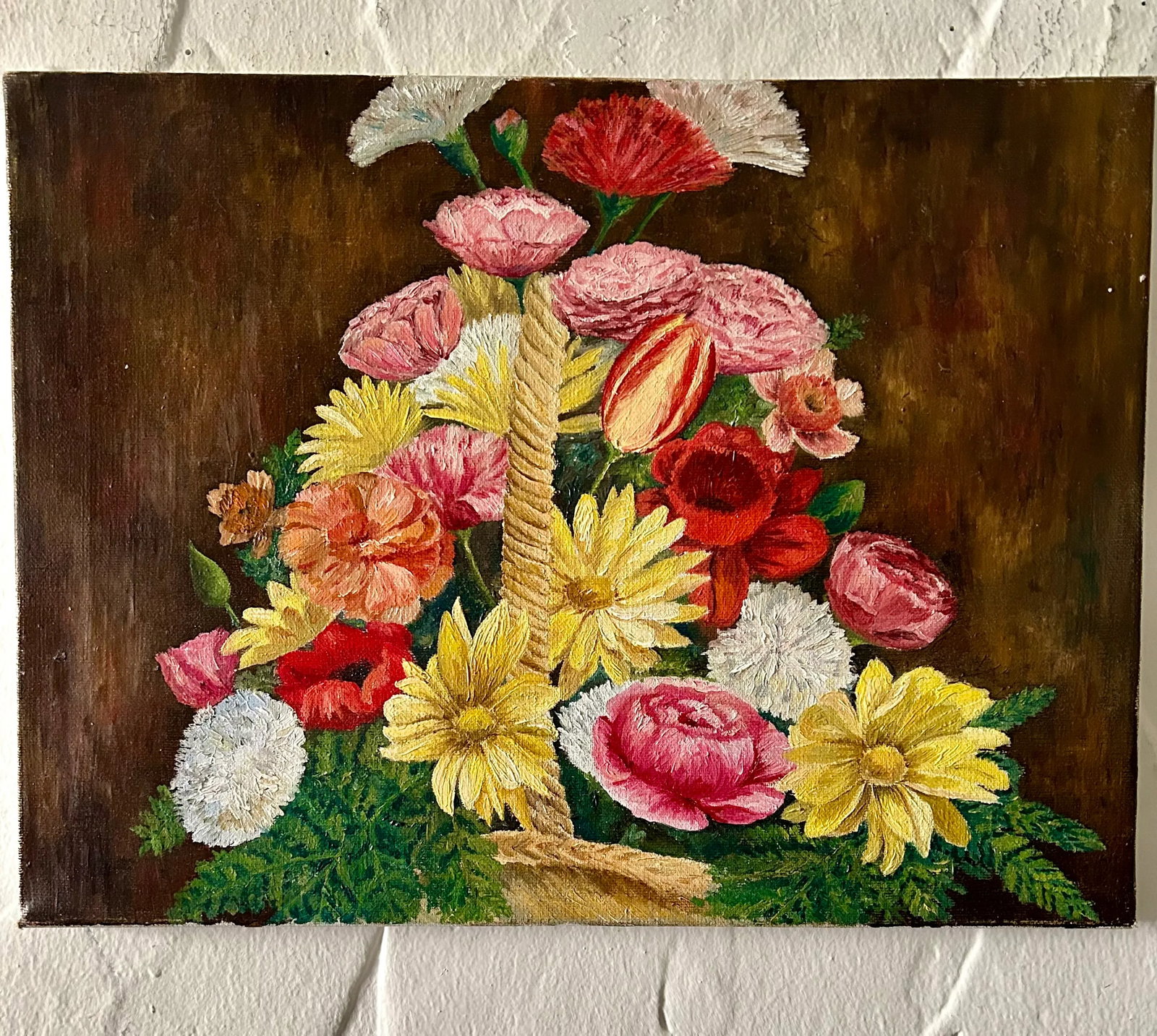 Original Still Life "Spring Flower Basket" Oil on Canvas - 8