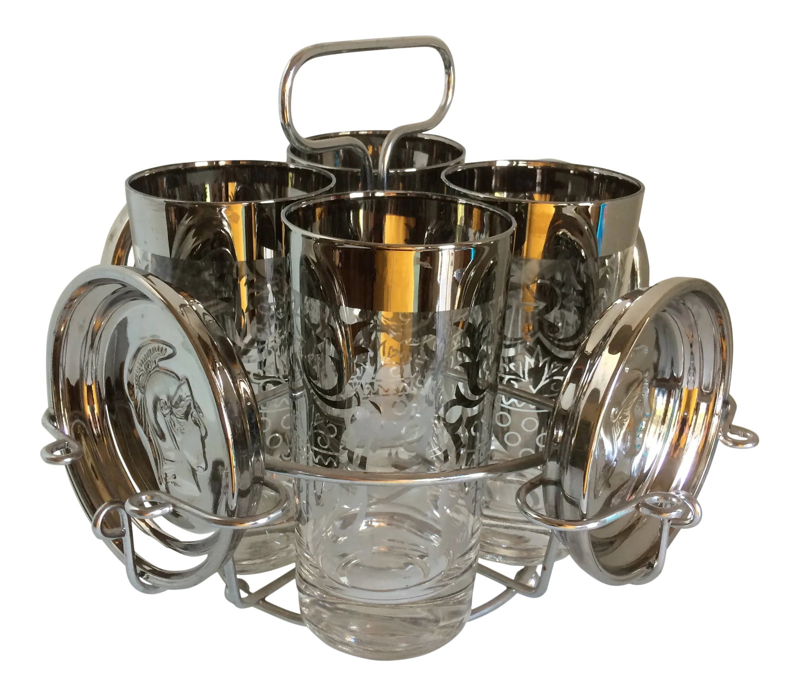 Platinum Banded Kimiko 4 Glass and 4 Coaster Cocktail Set in Caddie: Set of 4 platinum shield cocktail glasses glasses measurements are 2 7/8 inches wide by 5 5/8 inches high. Set of 4 platinum spartan bust coasters that measure 3 3/4 inches wide by 1 inch high. They